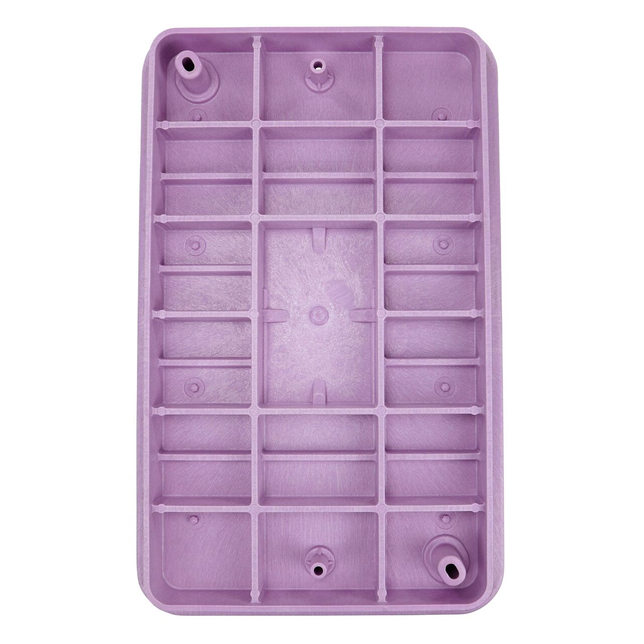 Top down view of the underside side of the Purple Reclaimed Water cover (NDS 322PBCBR) for the NDS 13 in. X 24 in. Rectangular Pro-Spec® Series valve box , showing reinforcing ribs that are load rated to withstand pedestrian traffic and the rigors of lawn care equipment