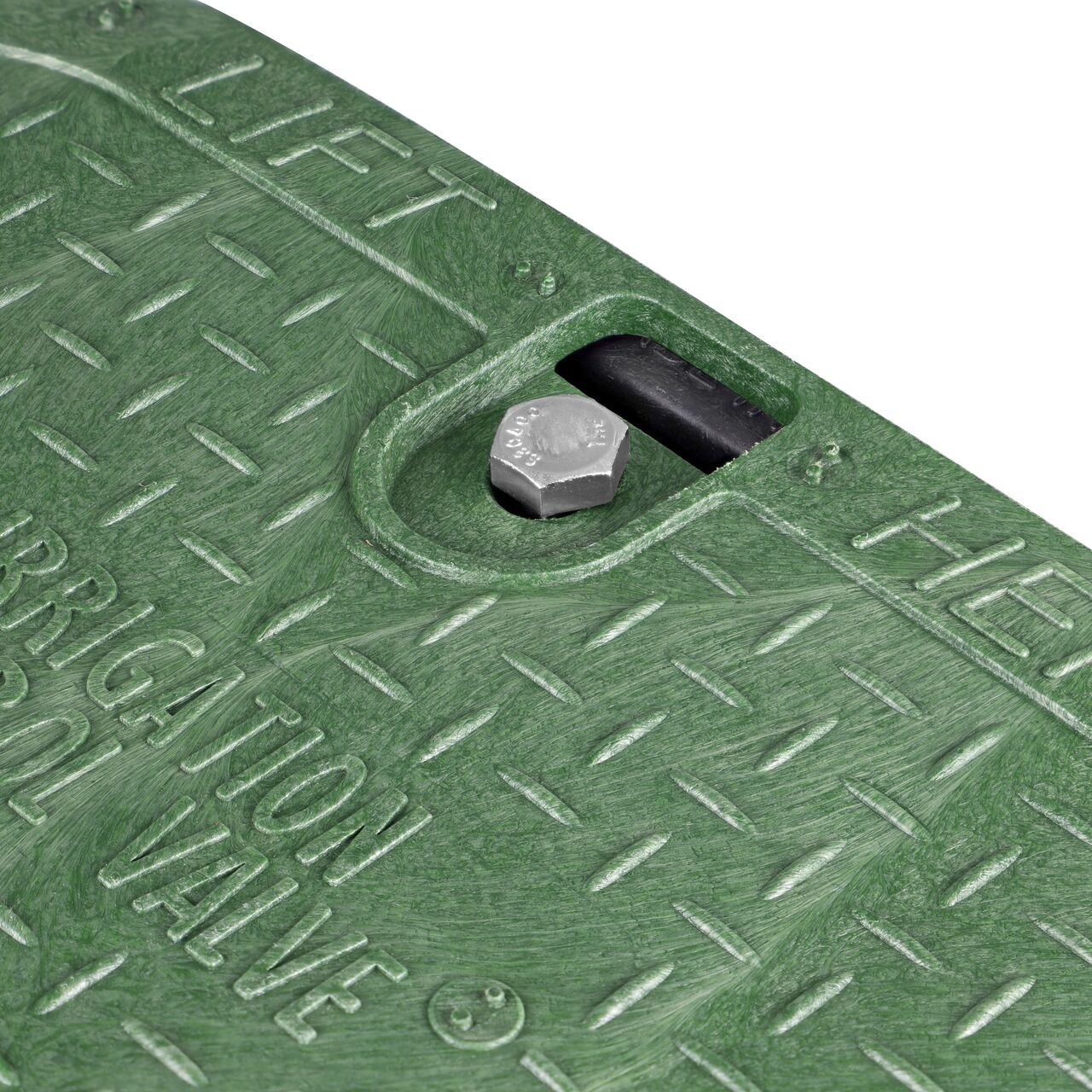 The NDS 111BB Stainless Steel Bolt installed on a overlapping 14 x 19 in. Rectangular Standard or Pro-Spec® Series Valve Box Cover and Valve Box