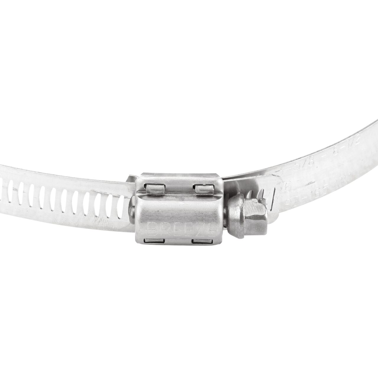Closeup view of the two-piece clamp housing made of Series 300 Stainless Steel on the NDS SAE 96 Worm Drive Hose Clamp with Aero Seal 1/2 in. band width (NDS 64096H)