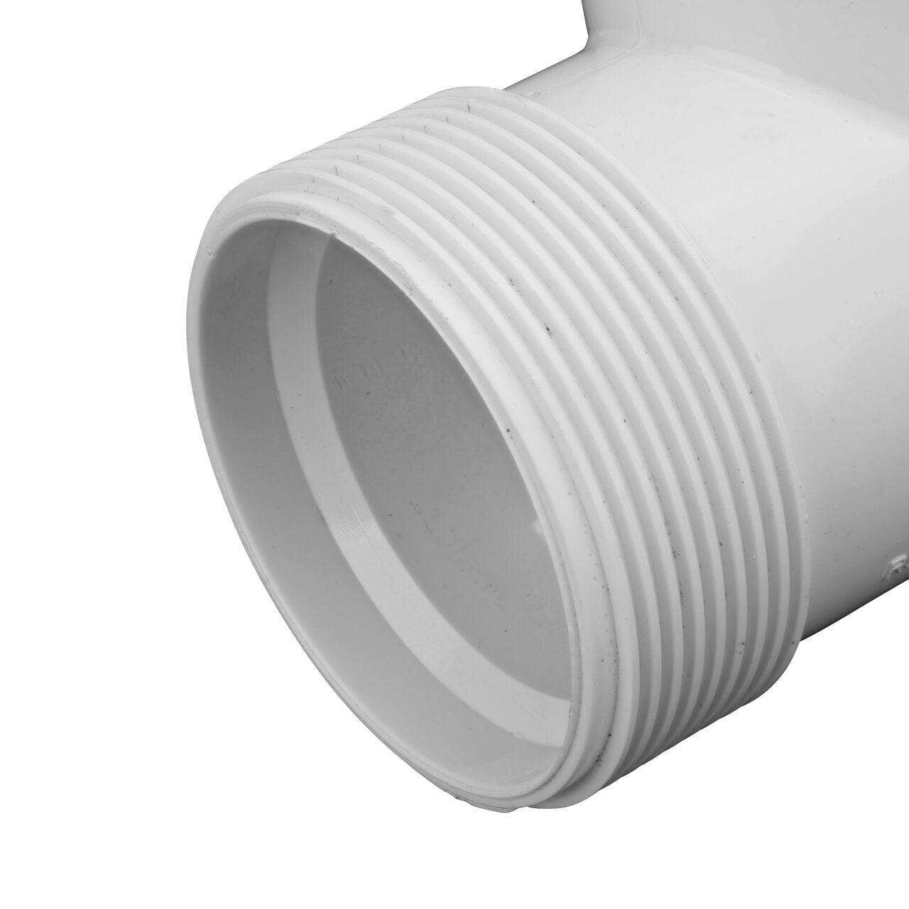 Closeup view of the NDS PVC Threaded Tees showing the compression end with 1-1/2 in. adjustable nuts removed and once installed provides a leak resistant connection (NDS CPT-1500-T)