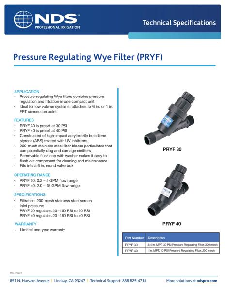 NDS Professional Irrigation Pressure Regulating Wye Filter Tech Spec