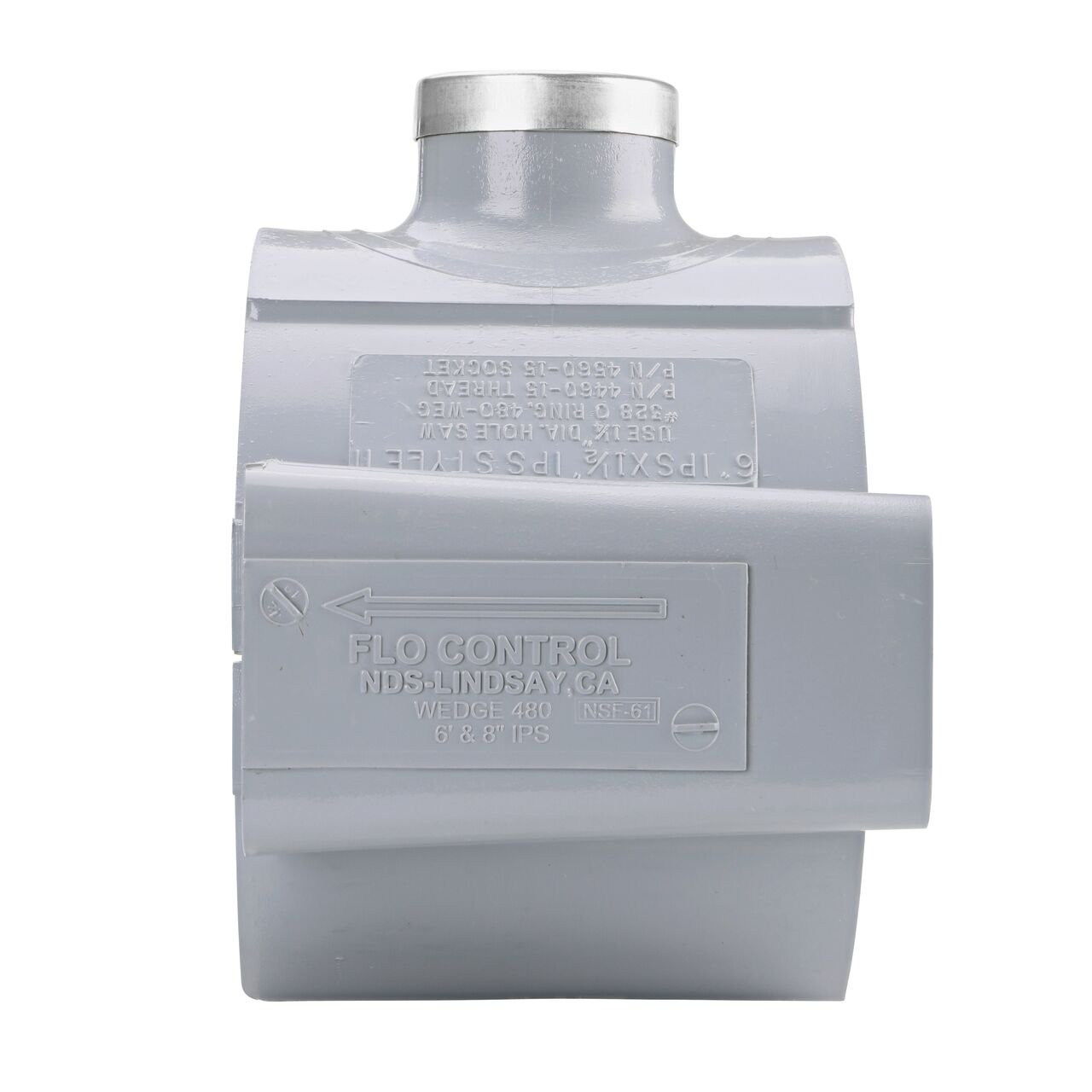 Side view showing patented wedge design in locked position on the NDS Clamp-It™ Rigid PVC Saddle with 1-1/2 in. FPT connection on top (NDS 446015) for 6 in. PVC pipe