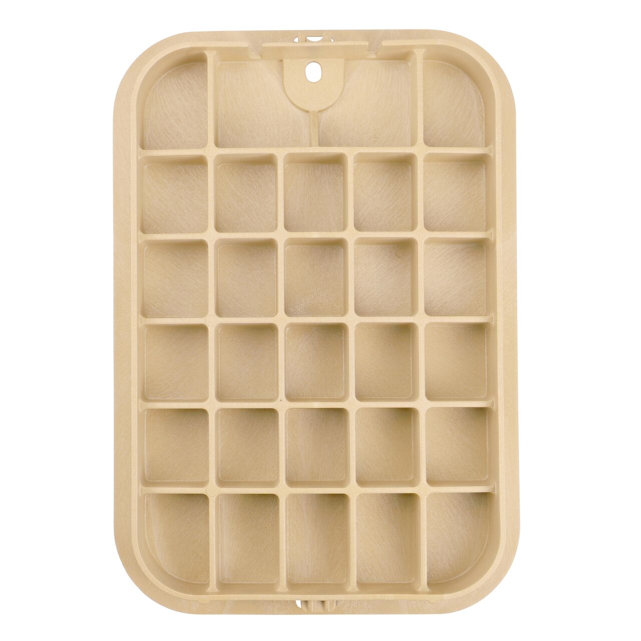 Top down view of the underside of the Sand Irrigation Control Valve cover (NDS 313CSAND) for the NDS 14 in. X 19 in. Rectangular Pro-Spec® Series valve box showing reinforcing ribs that help support pedestrian and lawn care equipment