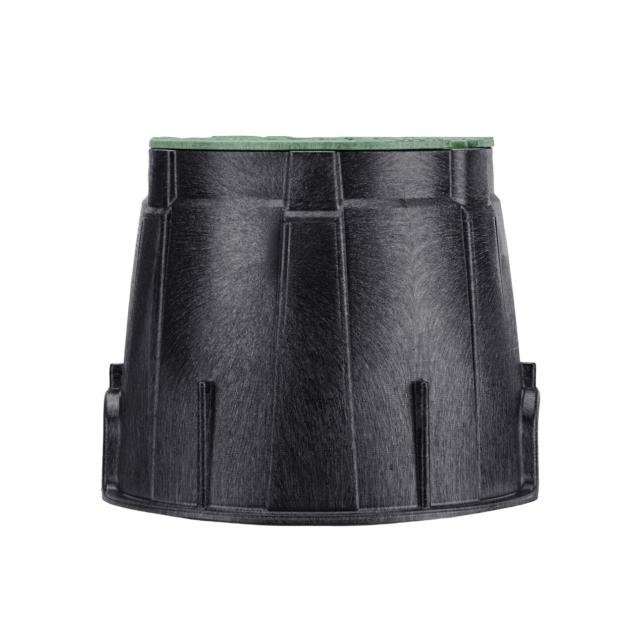 Side view of the non-pipe hole side of the NDS 10 in. Round Standard Series Valve Box & Irrigation Control Valve Cover (NDS 311BCB) which is engineered for superior strength with structural reinforcing ribs