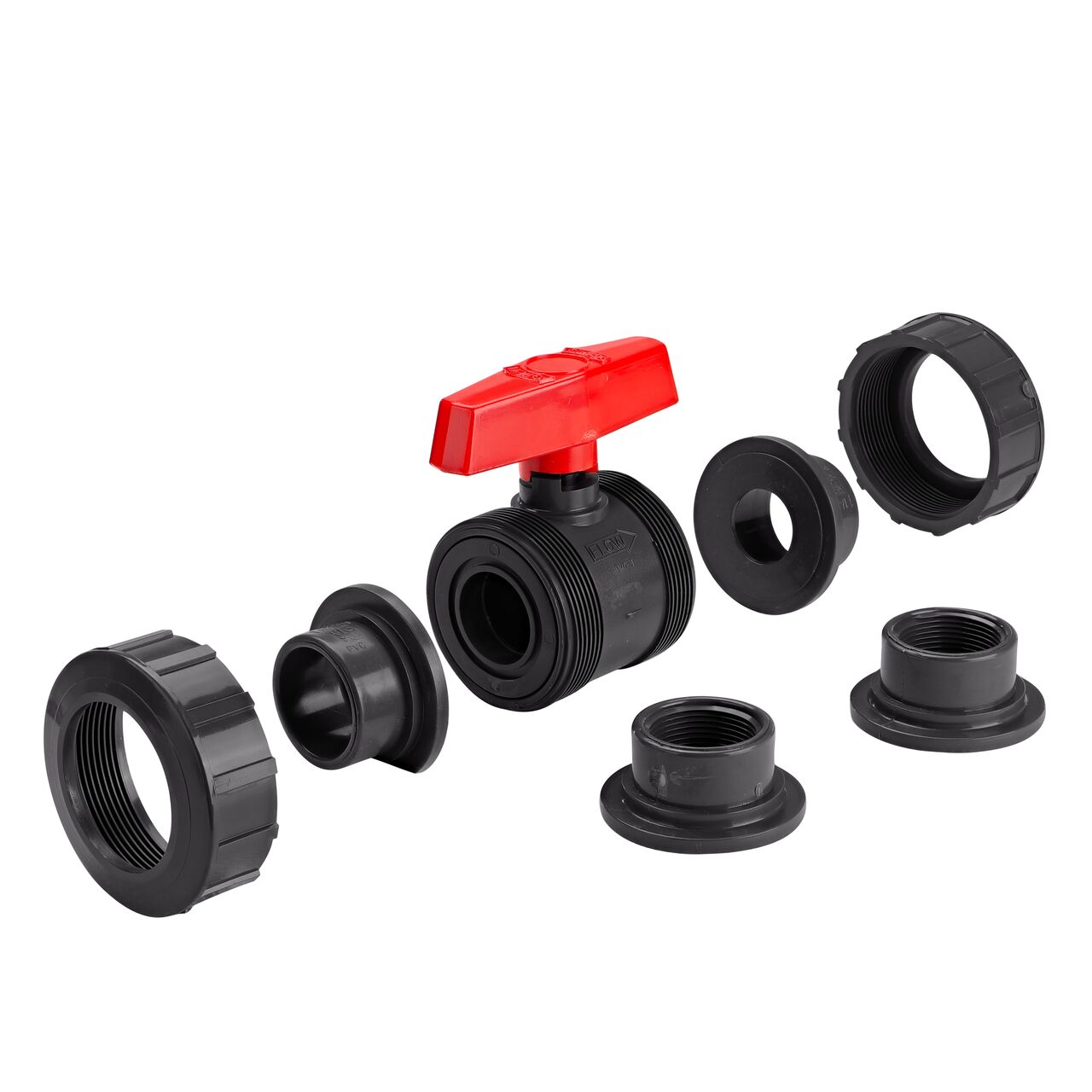PVC True Union Ball Valve unassembled showing slip and threaded ends that connects two 1-1/4 in. Sch. 80 pipes