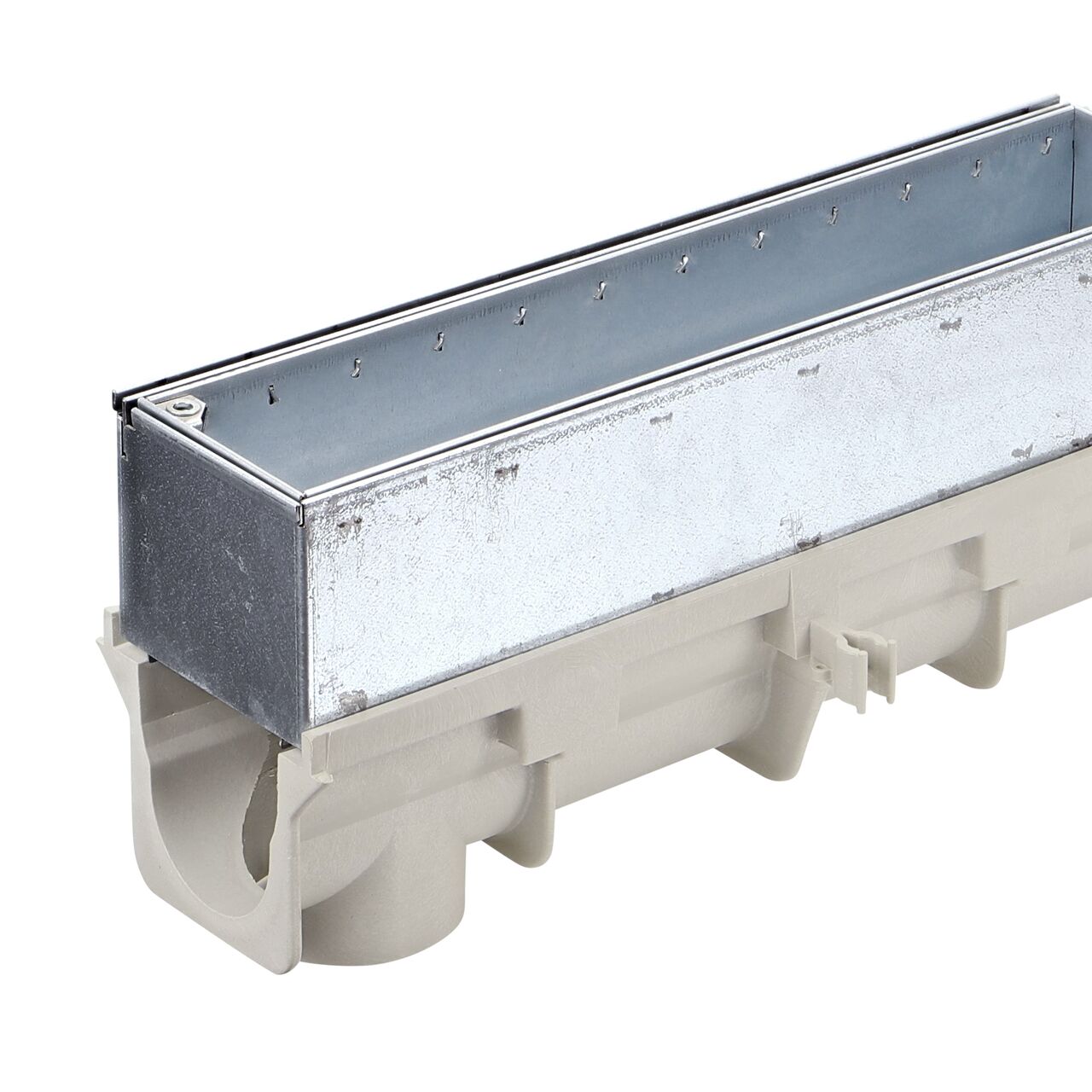 Closeup view of the NDS Galvanized Steel Dura Slope Channel Drain Slot Top Maintenance Unit (DS-STMAINT) installed on the male end of the Dura Slope Channel Drain (NDS DS-091)