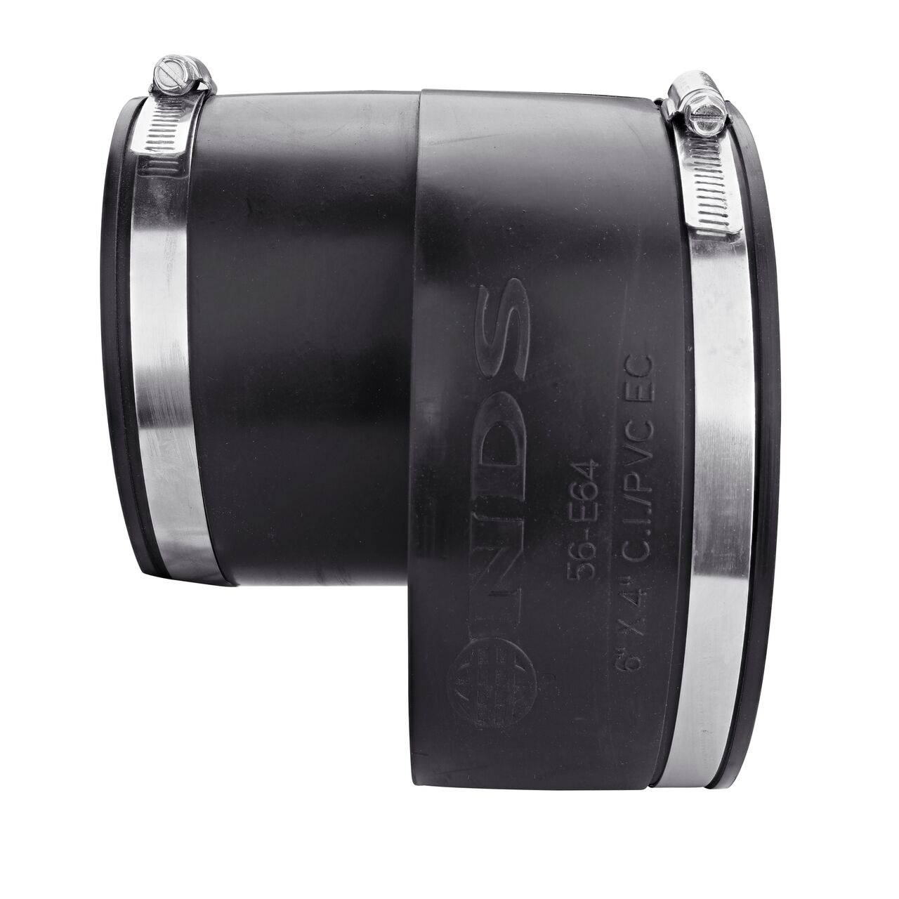 The NDS 6 in. X 4 in. flex eccentric coupling for cast iron/sewer and drain or DWV/copper/steel/lead pipes, in horizontal position, is made with material that flexes with normal earth movement (NDS 56-E64)