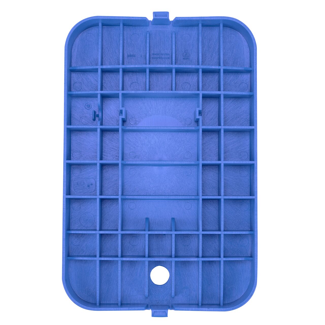 Top down view of the underside of the Blue Water Meter cover (NDS D1200-DISBLUL) for the NDS 14 in. X 19 in. Rectangular Standard Series meter box showing reinforcing ribs that help support pedestrian and lawn care equipment