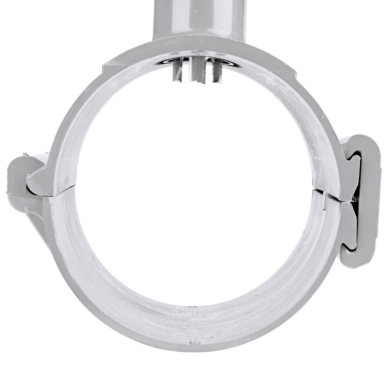 Turn the built-in saw tooth cutter clockwise to cut pipe opening on the 6 in. NDS Flo-Tap™ Rigid PVC saddle with 1-1/2 in. socket or 2 in. spigot (NDS 3260), then solvent-weld new line, turn counter-clockwise to remove cutter and debris, and replace cap to prevent leaking