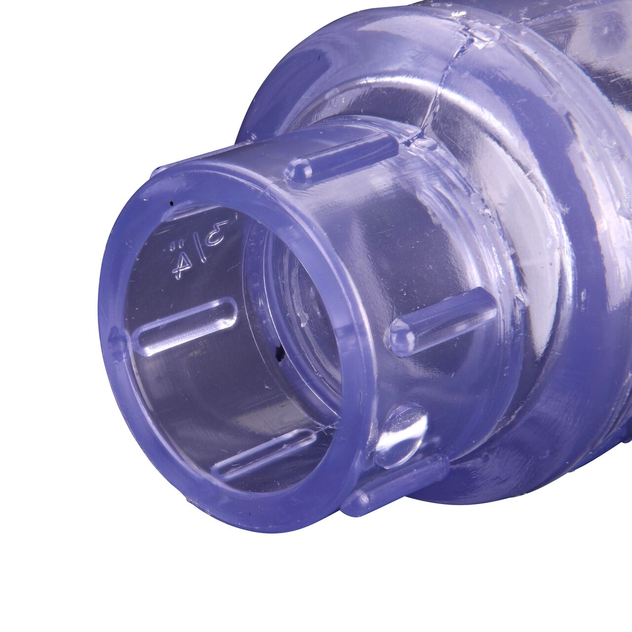 Closeup of the inlet end of the NDS Clear 3/4 in. slip end by slip end PVC Swing Check Valve (NDS 1520C07) which prevents backflow in pipelines