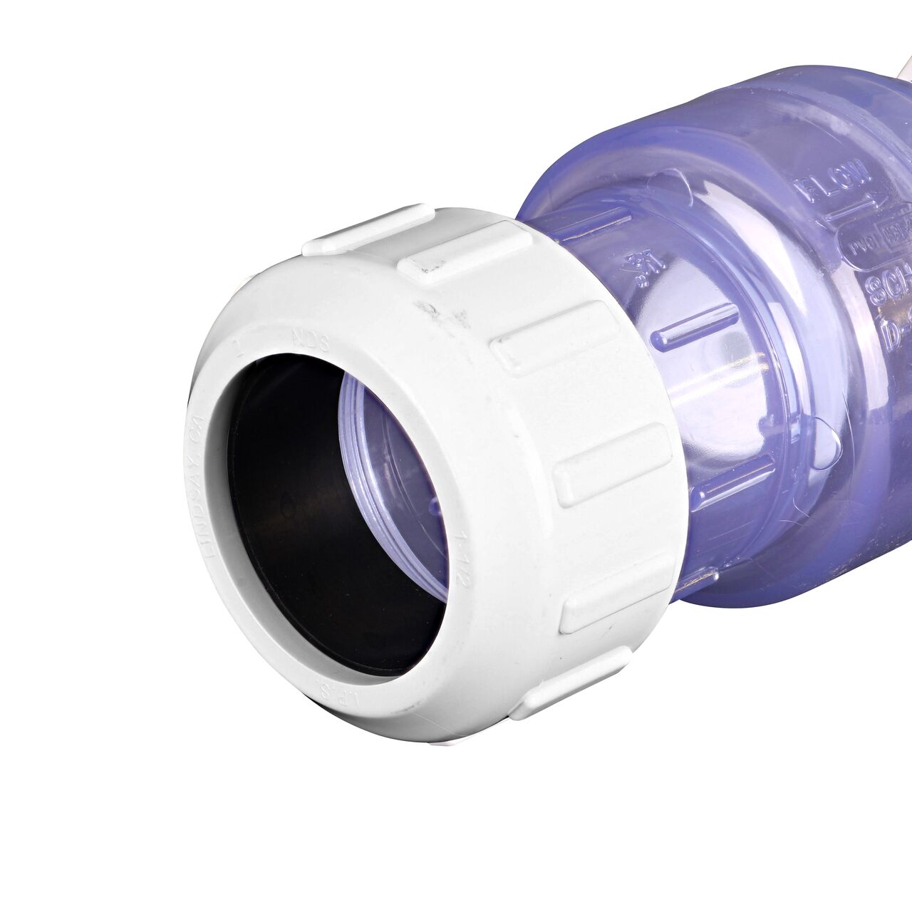 Closeup of the non-sloped inlet compression end of the NDS Clear 1-1/2 in. compression fitting end by compression fitting end PVC Compression Swing Check Valve (NDS 1500C15)