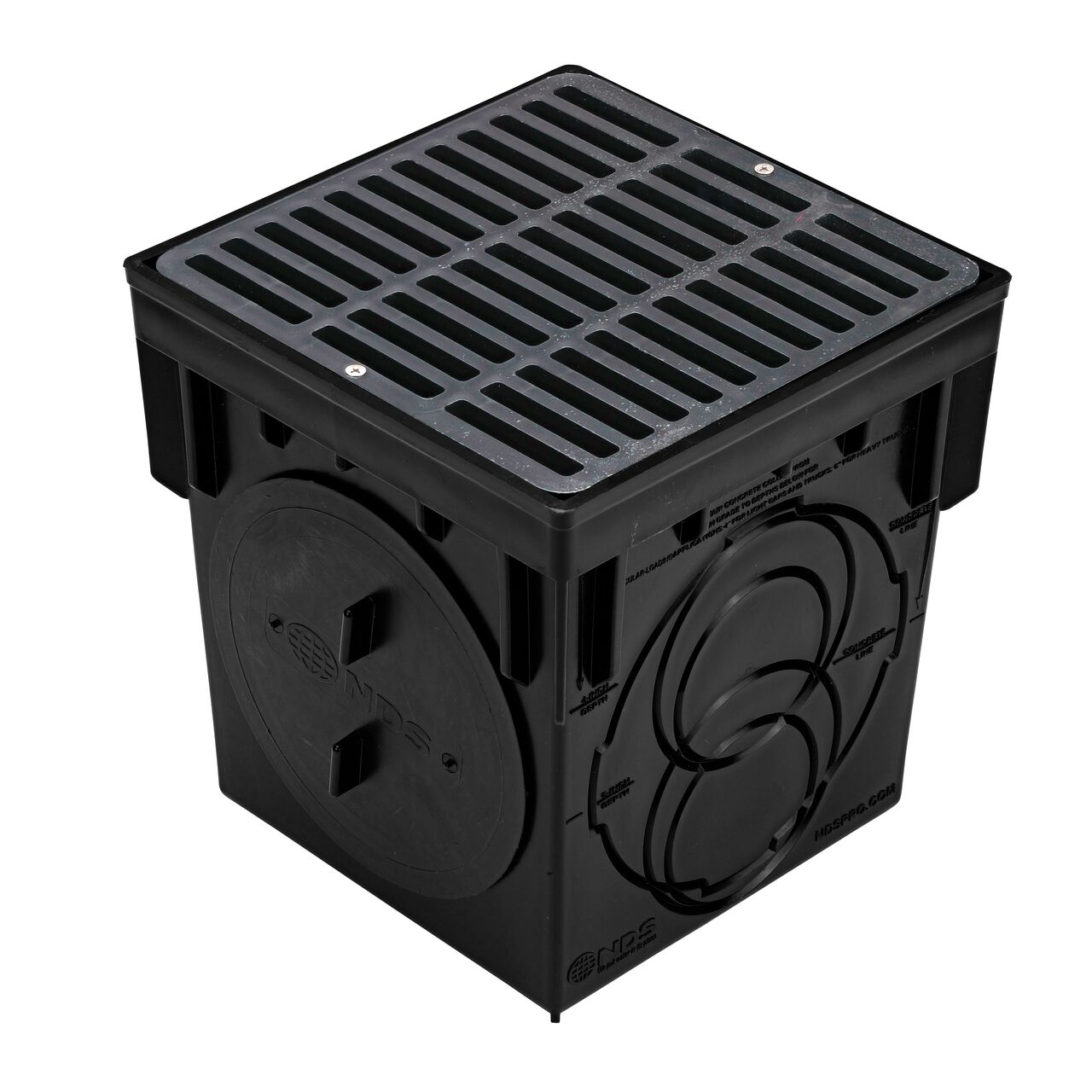Black plastic NDS 9 in. Catch Basin Drain Kit with black grate (NDS 900BLKIT) with the NDS 6 in. Outlet Plug installed