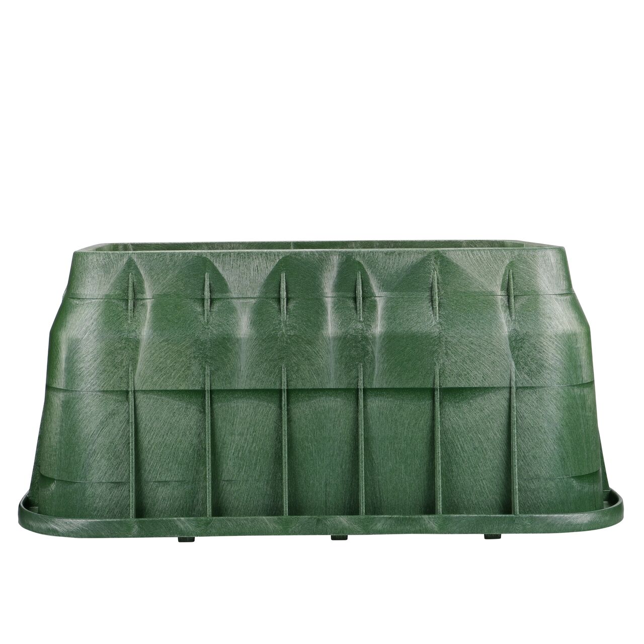 Side view of the longer side on the NDS Green plastic 17 in. x 30 in. Rectangular Pro-Spec® Series Valve Box (NDS 326B) showing durability through the reinforced ribs and edging