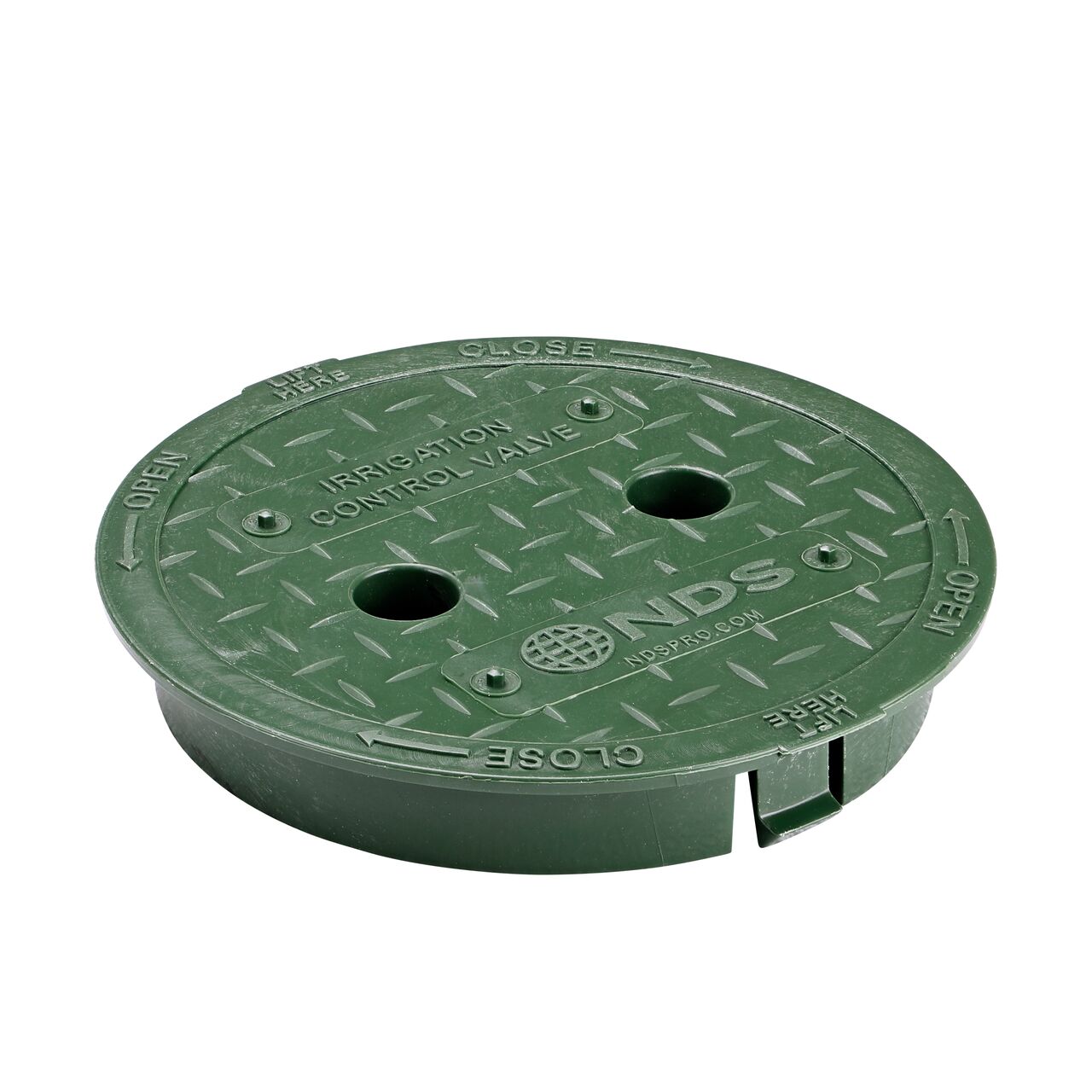 This NDS 6 in. Round Standard Series Valve Box Cover is a Green Cover with Irrigation Control Valve markings on the lid and fits NDS standard series 6 in. valve boxes (NDS 2107C)