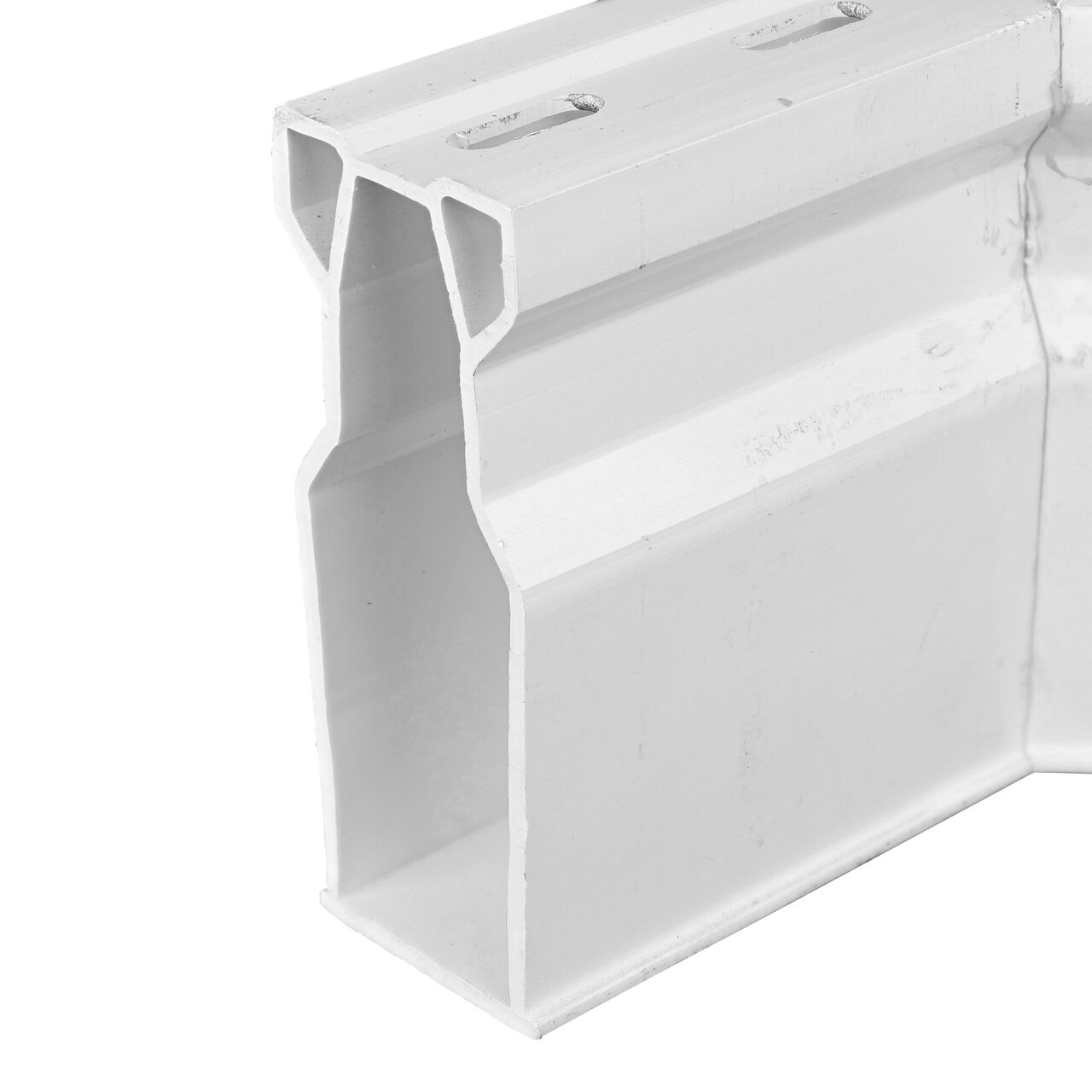 Closeup of the grate design of the White Micro Channel Drain 45 degree elbow and inegrated grate (NDS 8301)
