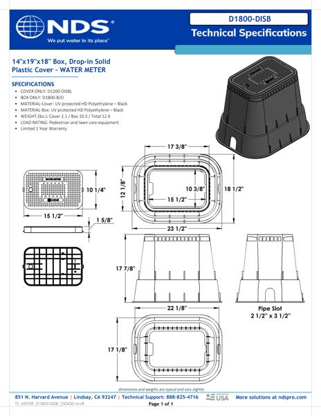 NDS 14 in. X 19 in. Rectangular D1800 Meter Box and Drop-in Cover, 18 in. Height, Black Box, Black Water Meter Cover Tech Spec