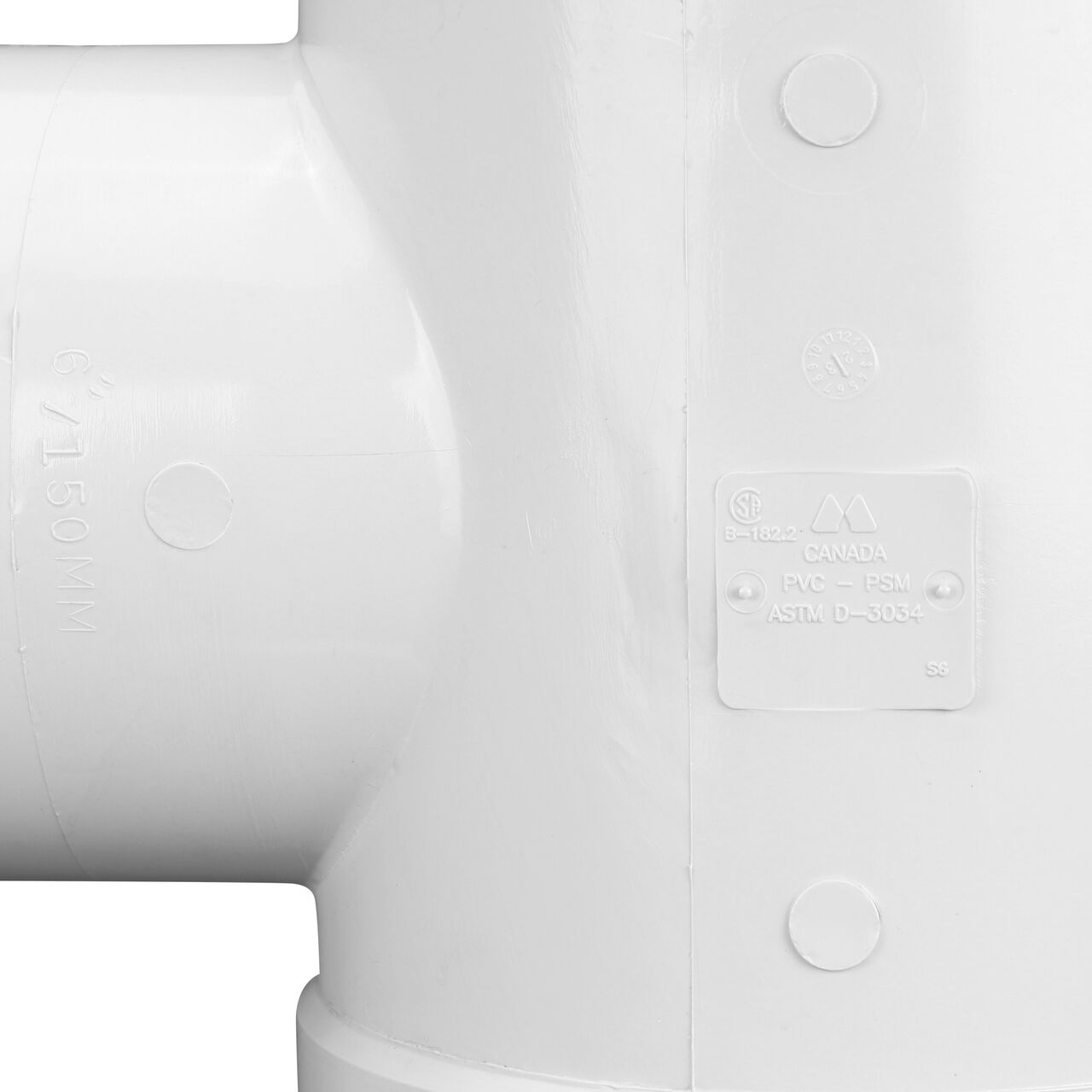 Closeup of any wording on the PVC tee for Sewer and Drain pipes; 8 in. Hub X Hub X 6 in. Hub connection (NDS 86P01)