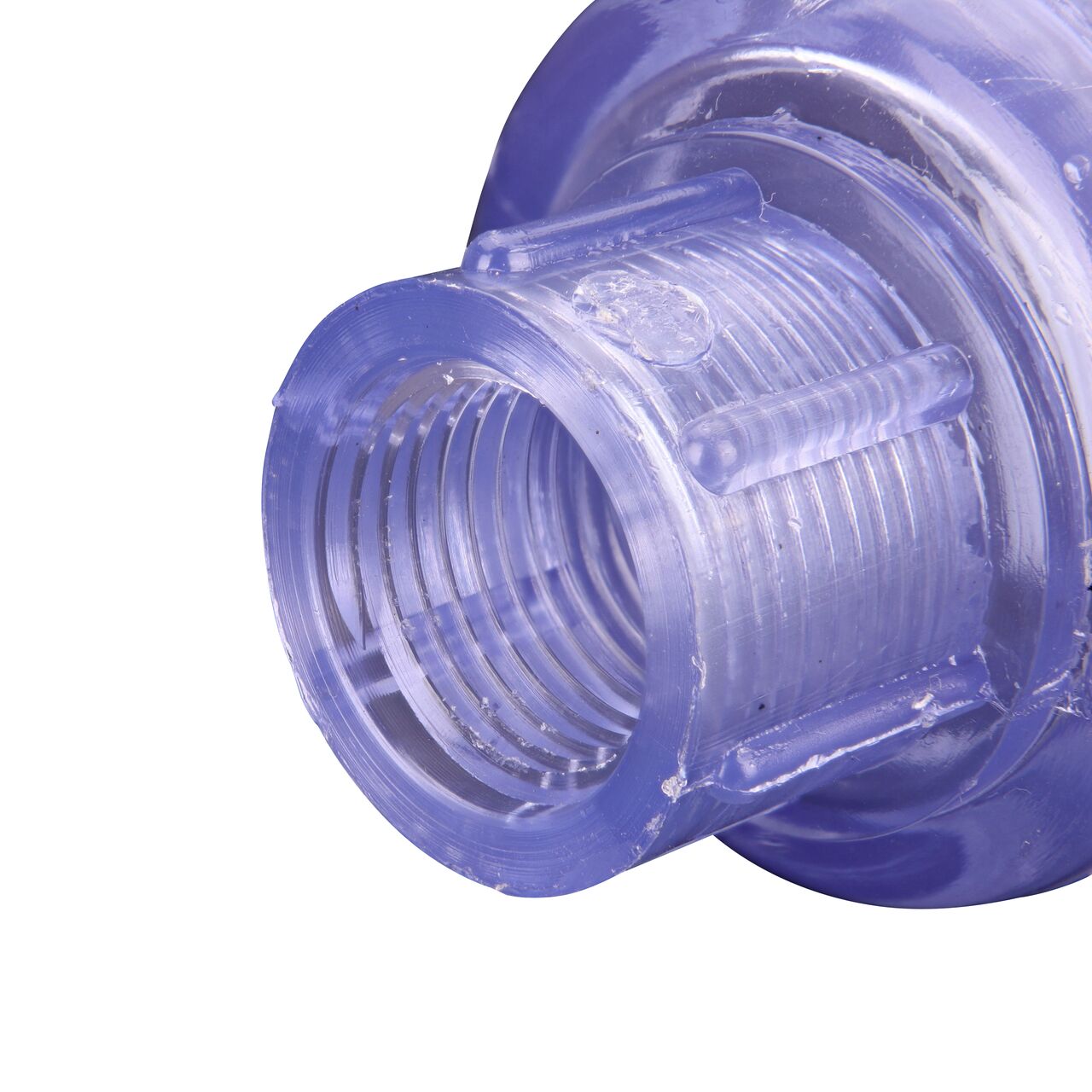 Closeup of the outlet end of the NDS Clear 1/2 in. female end by female end PVC Swing Check Valve (NDS 1520C05F) which prevents backflow in pipelines