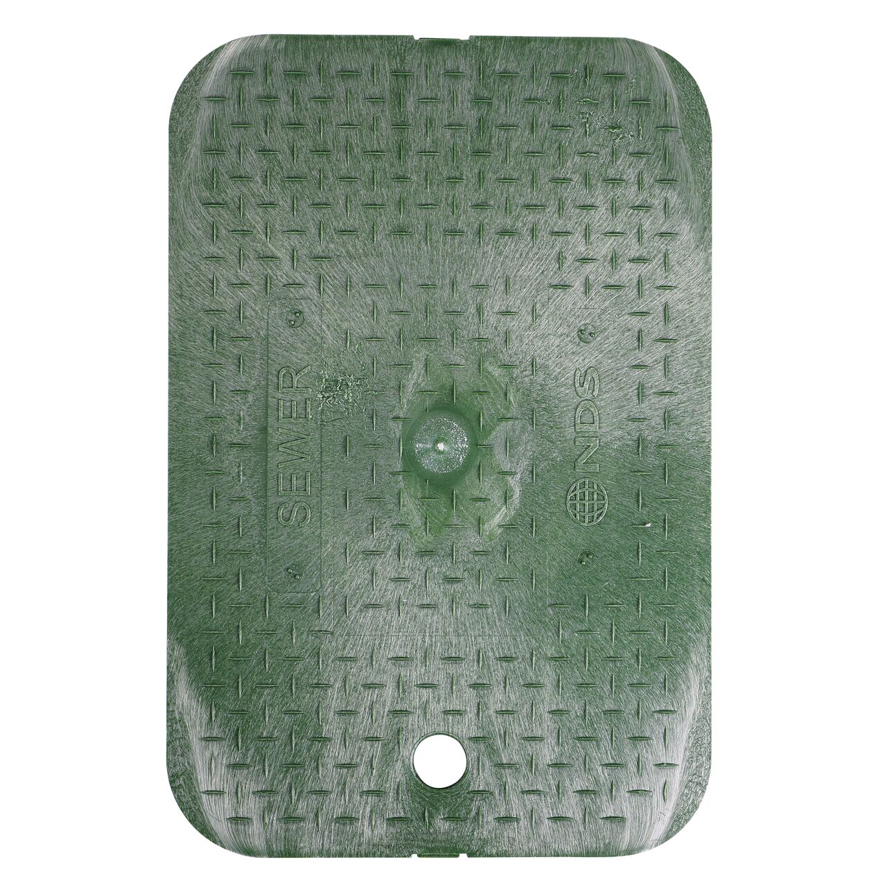 Top down view of the top side of the Green Sewer Drop-in cover (NDS D1200-DISGSWRL) for the NDS 14 in. X 19 in. Rectangular Standard Series Meter Boxes