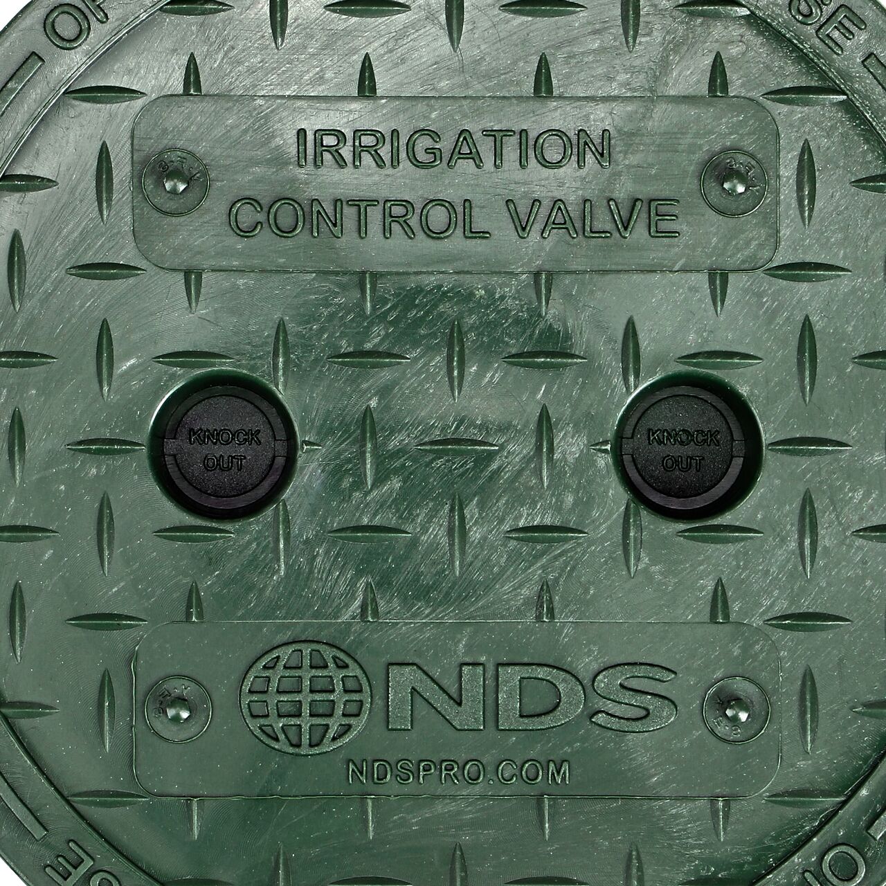 Closeup view of the Irrigation Control Valve markings on the NDS Green Irrigation Control Valve cover for the NDS 6 in. Round Standard Series Valve Box (NDS 2107BC)