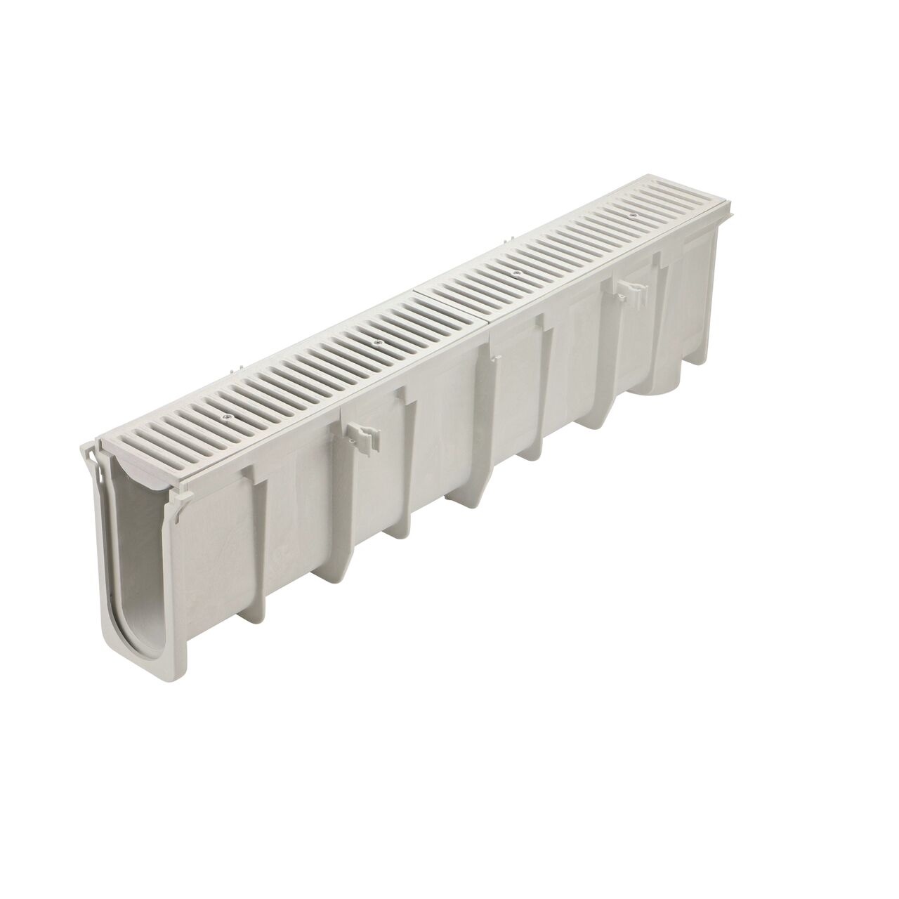 The NDS 10.71 in. to 11.05 in. Deep Dura Slope Channel Drain (NDS DS-111) with two Standard Dura Slope Light Gray Grates installed (NDS 661LG)