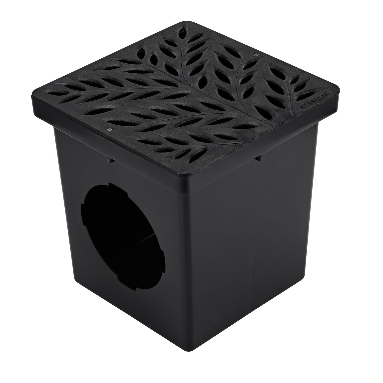 Alternate shot of NDS 12 in. Square Catch Basin Drain Grate, Decorative Botanical Design, Black Plastic (NDS 1218) installed on a 12 in. Catch Basin Drain with 2 openings (NDS 1200*); Retail