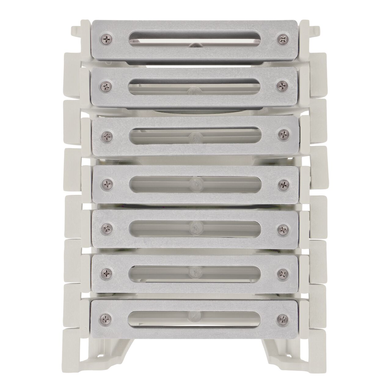 Top down view of Seven Dark Gray Slotted Plastic Dura Slope™ Channel Drain EZ-Track™ Radius Coupling Grates (NDS DS-661MG) installed on seven Dura Slope EZ-Track Radius Couplings (NDS DSRC) without any turn