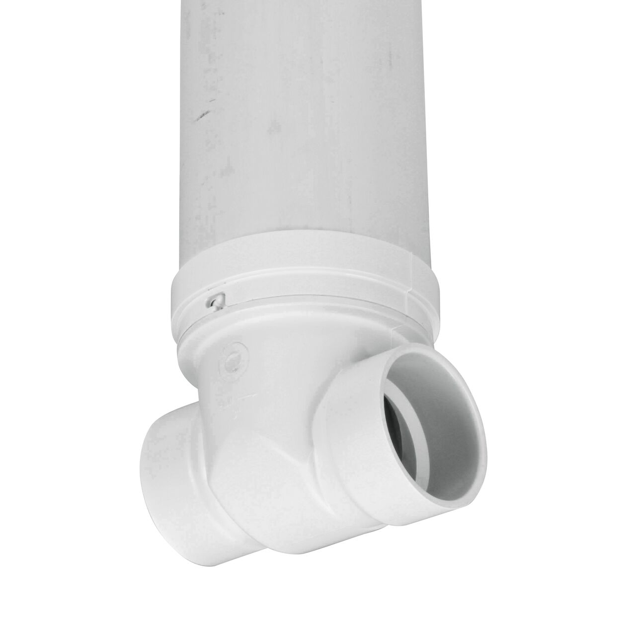 Alternate view showing the outlet end on the NDS 3 in. White PVC Backwater Valve with Riser and Cover (NDS 375PR) which fits DWV pipe
