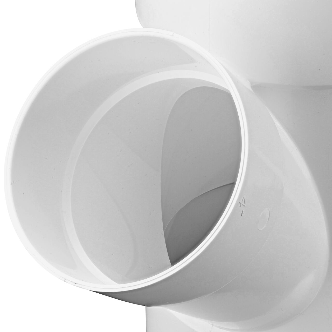 Closeup view of the 4 in. hub wye connection end on the NDS PVC 45 degree wye for Sewer and Drain pipes, 6 in. Hub X Hub X 4 in. Hub (NDS 64P08, NDS L64P08)