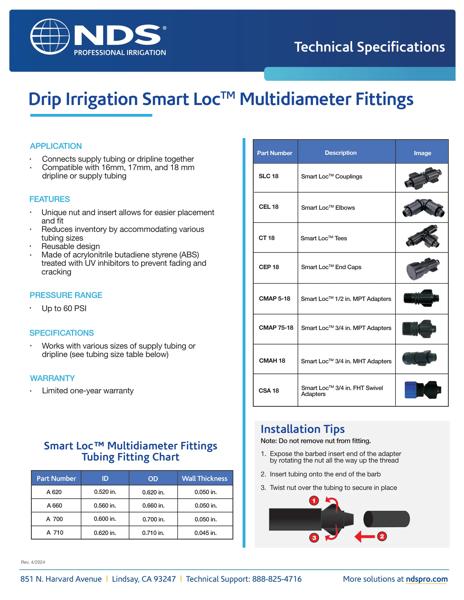NDS Professional Irrigation Drip Irrigation Smart Loc™ Multidiameter Fittings Tech Spec