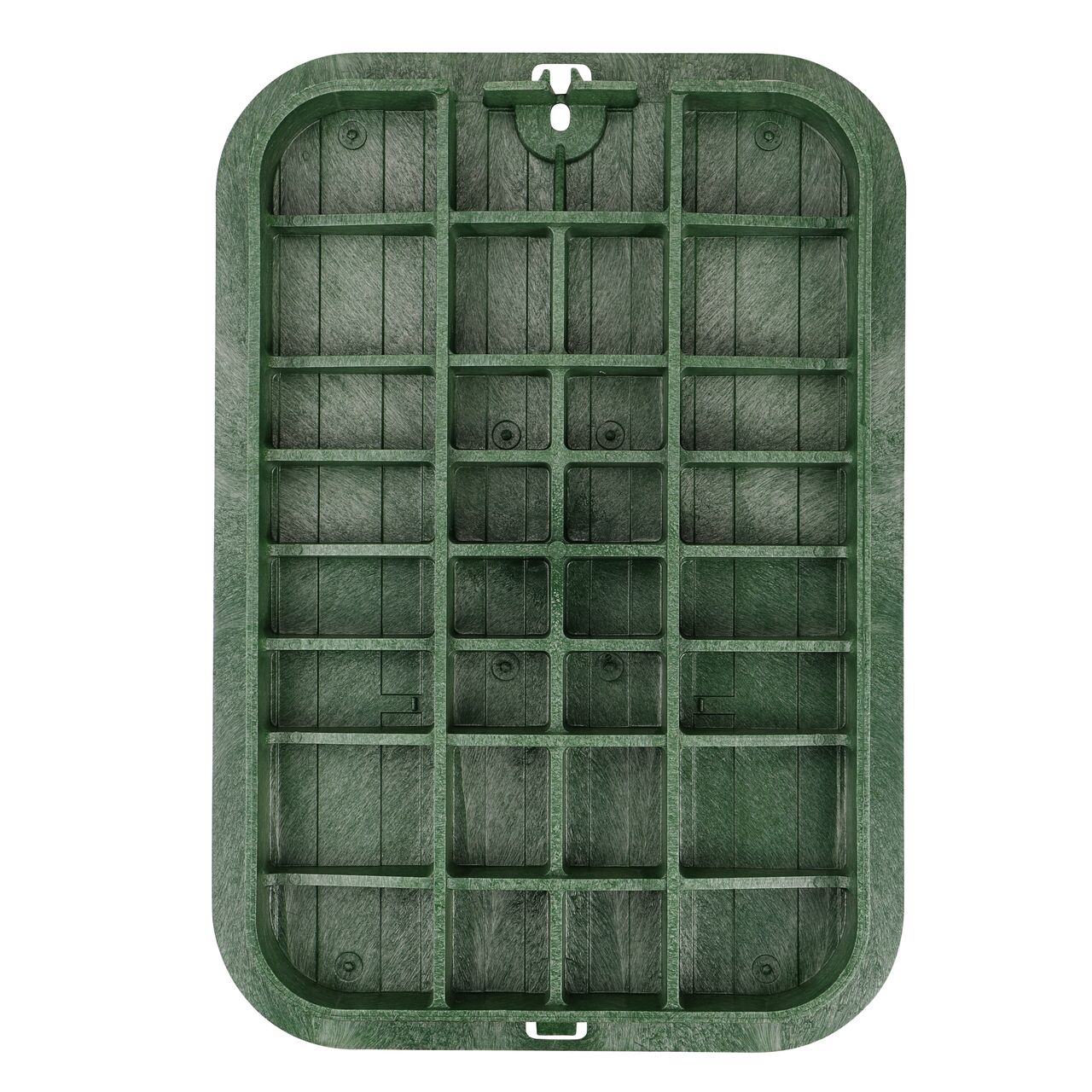 Top down view of the underside side of the Green Sewer cover (NDS 318BCBS) for the NDS 13 in. x 20 in. Rectangular Standard Series valve box , showing reinforcing ribs that are load rated to withstand pedestrian traffic and the rigors of lawn care equipment