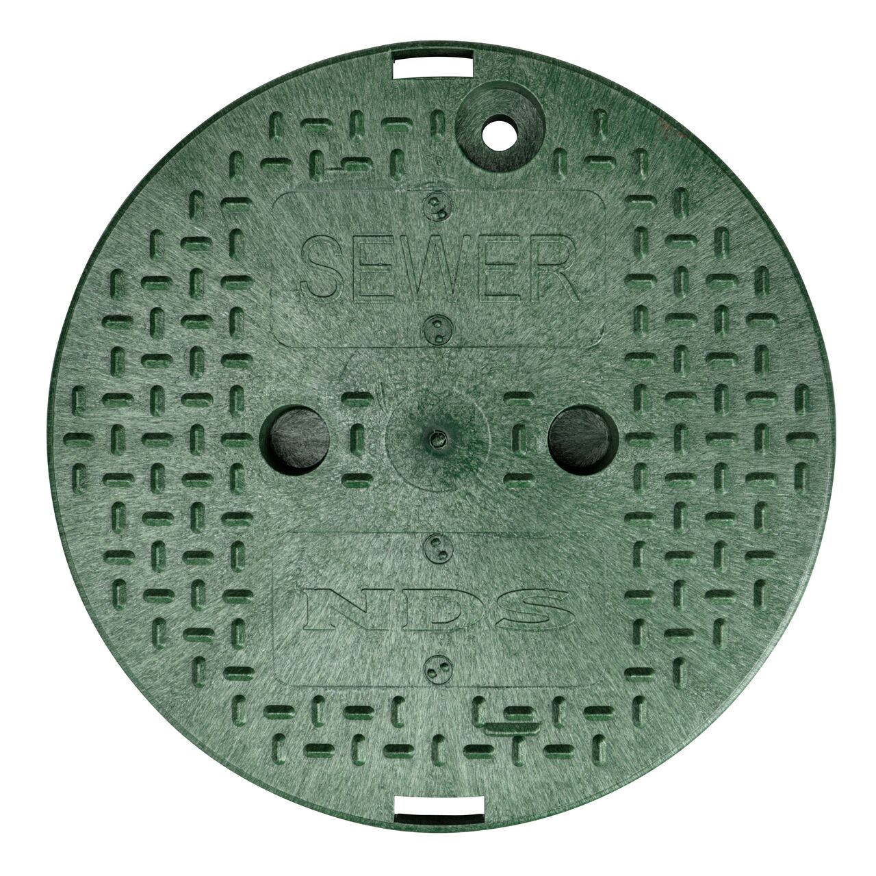 Top down view of the top side of the green sewer cover with finger indentations to lift and remove lid (NDS 111CS) for the NDS 10 in. Round Standard Series