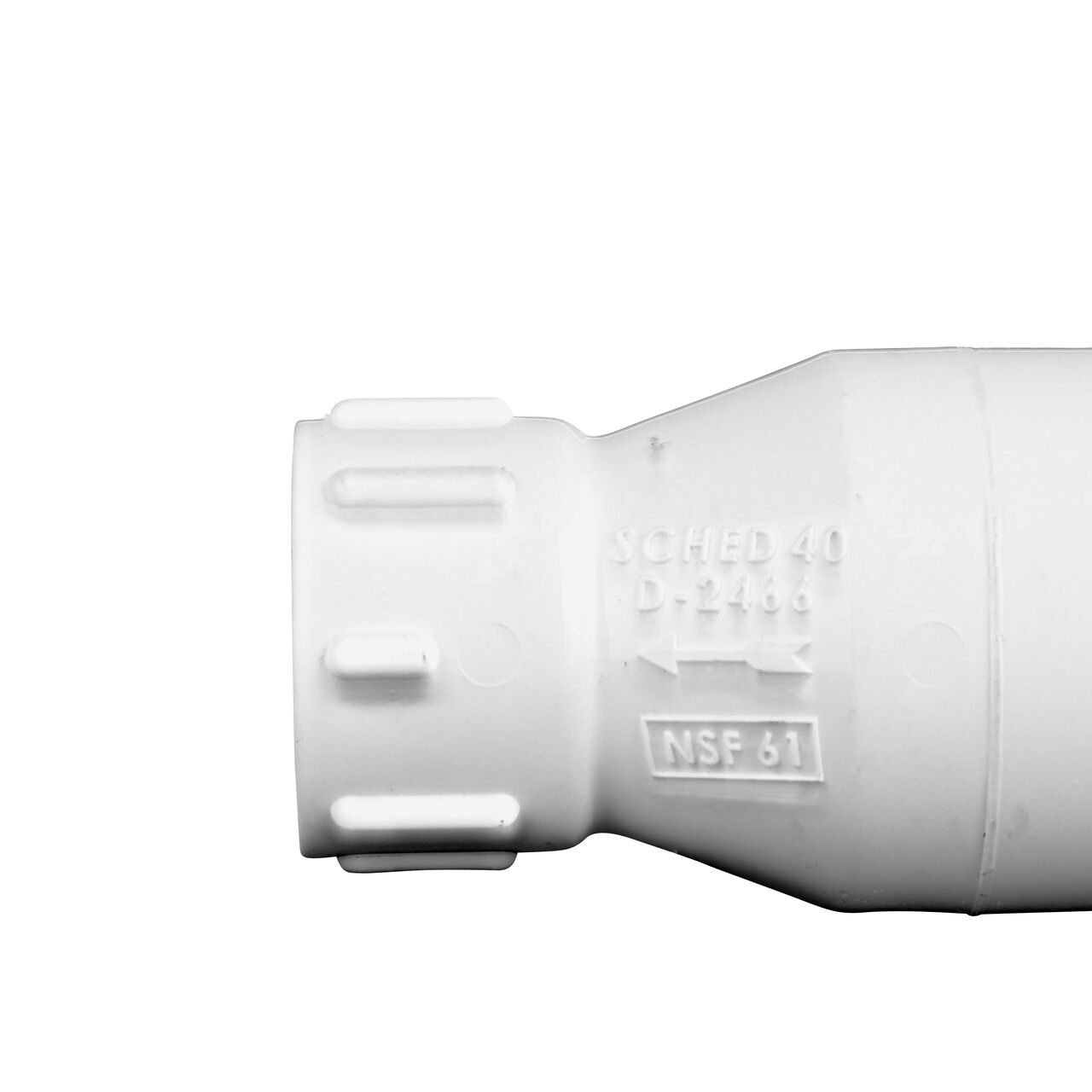 Closeup of the arrow showing water flow of the NDS White 3/4 in. PVC Spring Check Valve  (NDS 1011-07, NDS 1012-07)