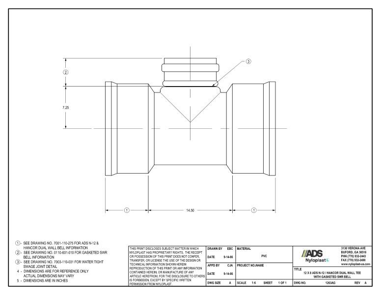 12 x 8 N-12 Dual Wall Tee with Gasketed SWR Bell Nyloplast Detail