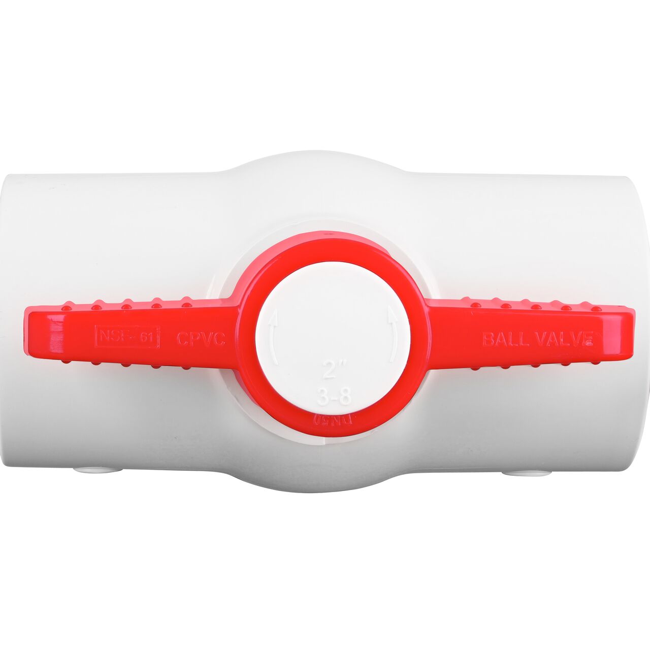 Closeup of the NDS CTS Ball Valve showing that the handle is made of durable CPVC material perfect for irrigation or other pressurized system (NDS C1310-20)