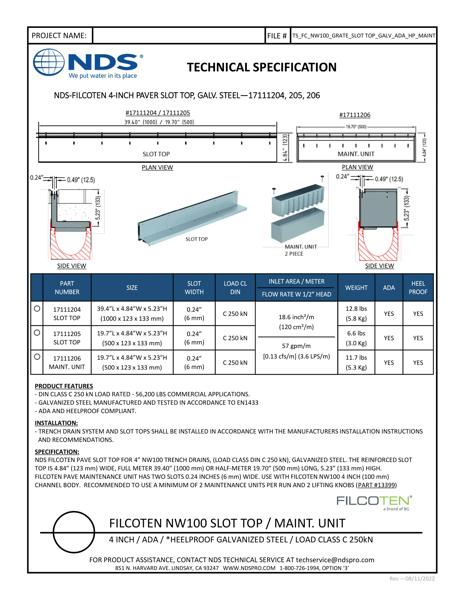NDS BG-FILCOTEN® 100 Trench Drain Grate Slot Top Asymmetric Galvanized Steel Tech Spec