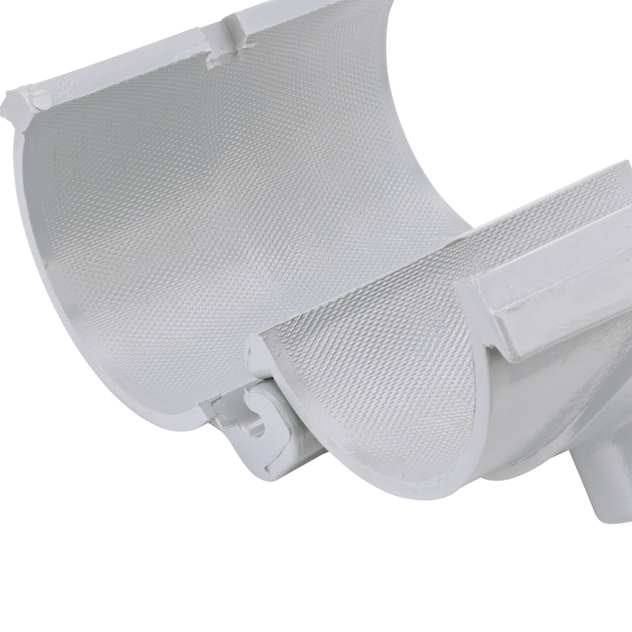 Closeup of the hinge open on the NDS Clamp-It™ Rigid PVC Saddle with 3/4 in. slip connection on top (NDS 453007) for 3 in. PVC pipe