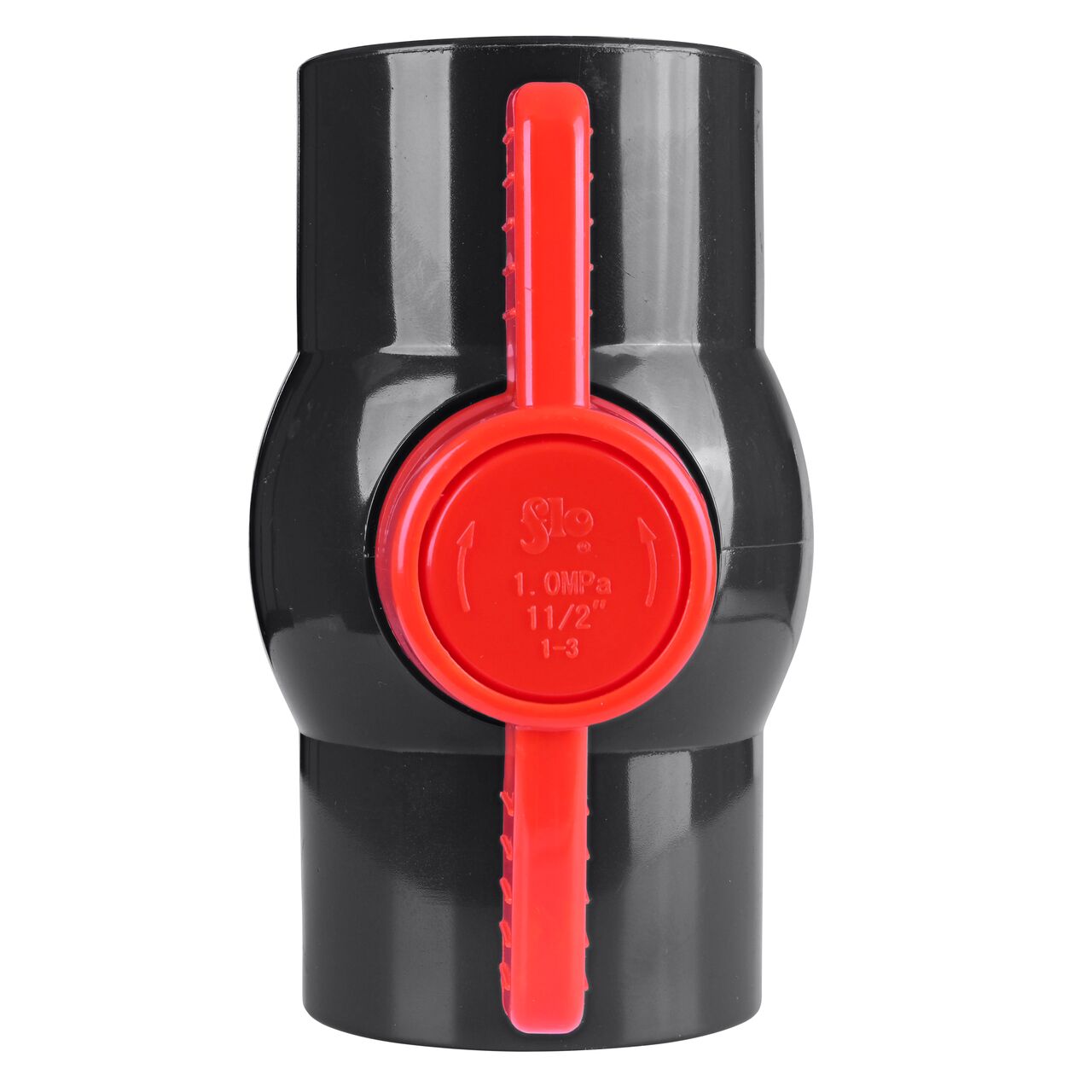 Closeup of the NDS IPS Ball Valve showing that the handle is made of durable PVC material perfect for irrigation or other pressurized system (NDS E1610-15)