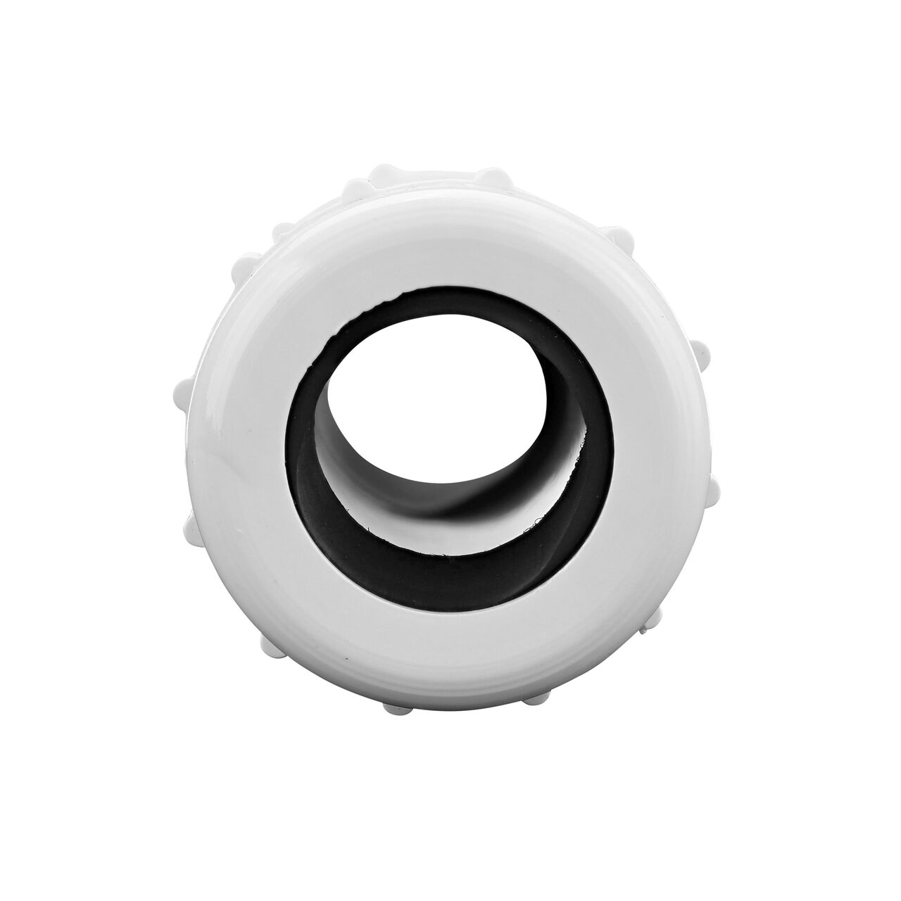 The NDS 1 in. CTS UC Compression Coupling showing the gasket inside the adjustable nut that secures it in place once installed (NDS CCC-1000)