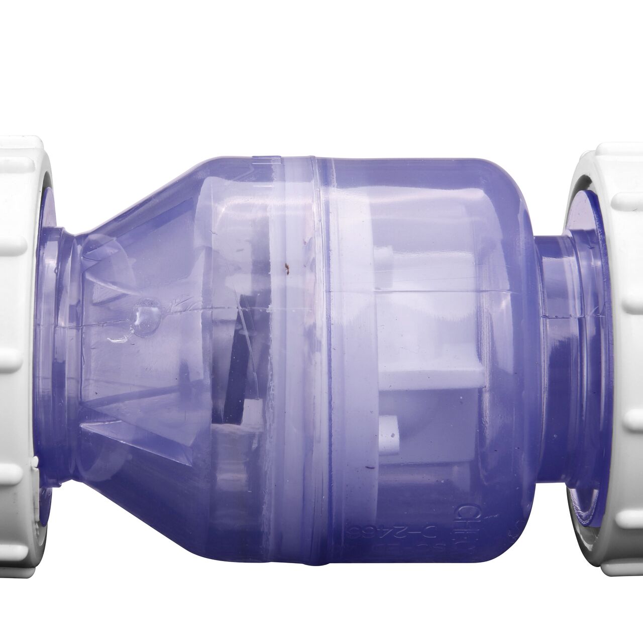 Closeup of the inside spring and flapper on the NDS Clear 1 in. slip end by slip end with 1/2 lb. spring PVC True Union Spring Check Valve (NDS 1700C10)