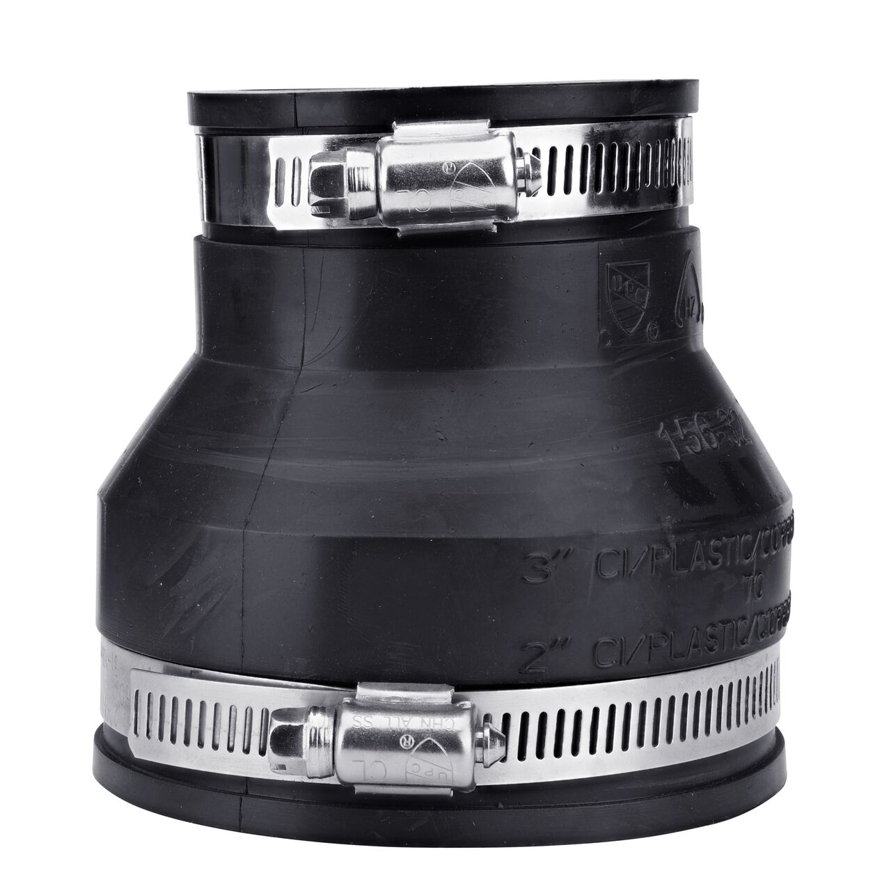 The NDS 3 in. X 2 in. flex coupling, in vertical position, connects two cast iron/sewer and drain or DWV/copper/steel/lead pipes and provides leak-resistant seals with virtually any pipe (NDS 56-32)