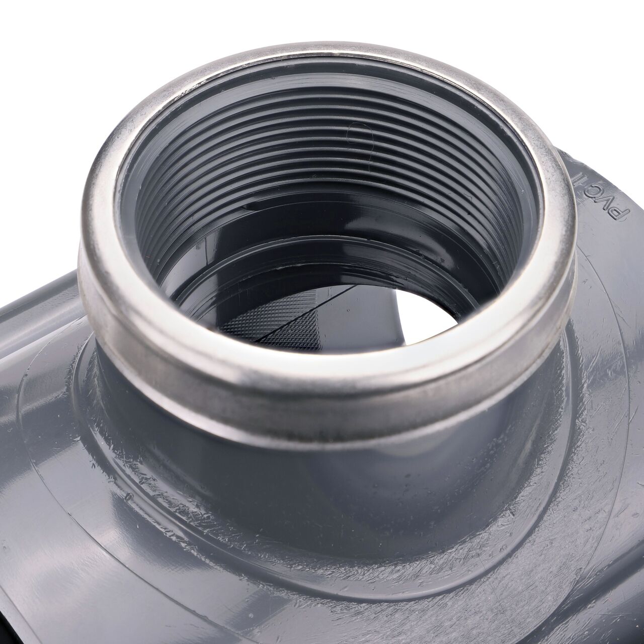 Closeup of the 2 in. FPT connection on the NDS Clamp-It™ Rigid PVC Saddle (NDS 444020) for 4 in. PVC pipe