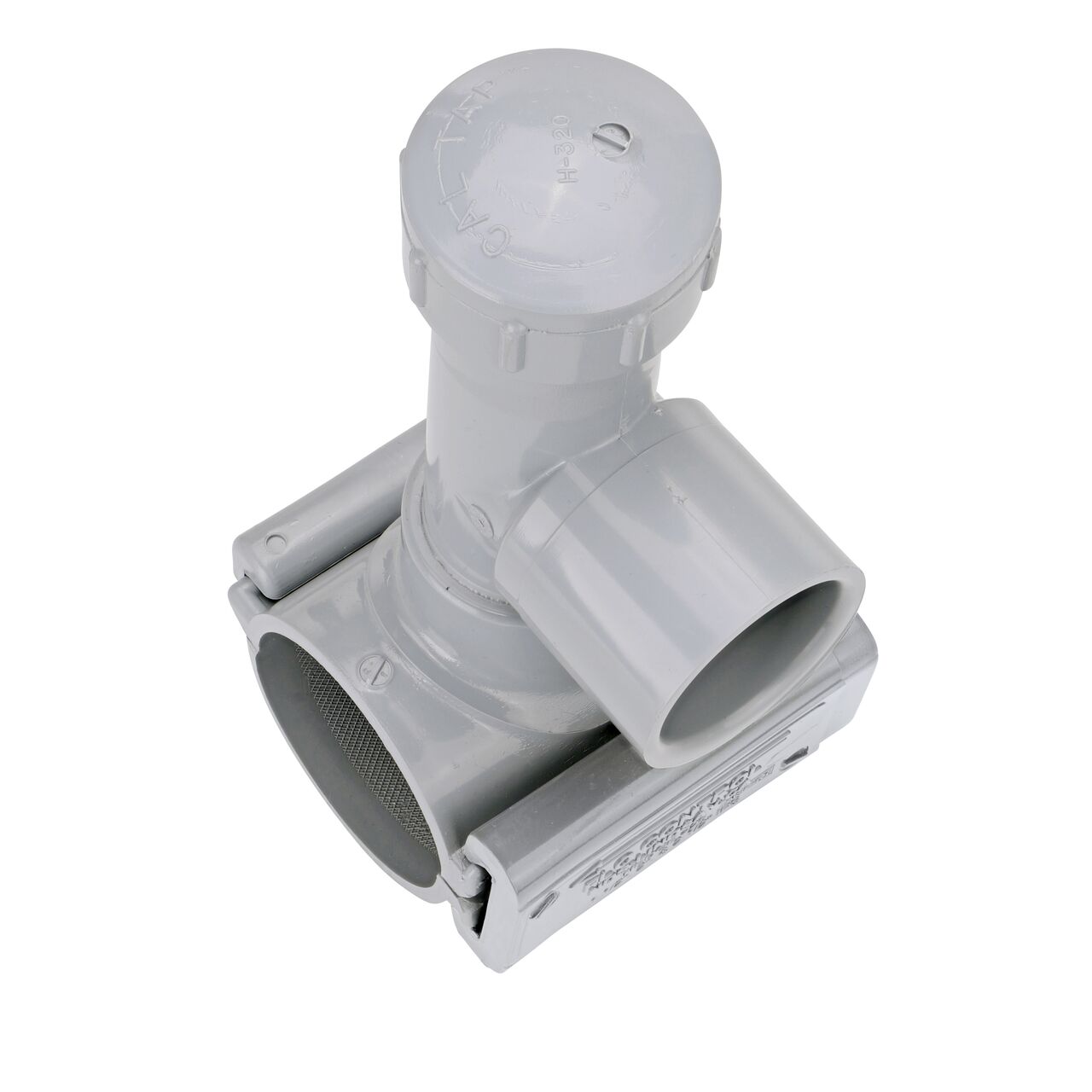 Alternate angle of the 2-1/2 in. NDS Flo-Tap™ Rigid PVC saddle with 1-1/2 in. socket or 2 in. spigot connection on top (NDS 3225) which is made of corrosion-proof material and no bolts, washers, or nuts needed to install which means no rust
