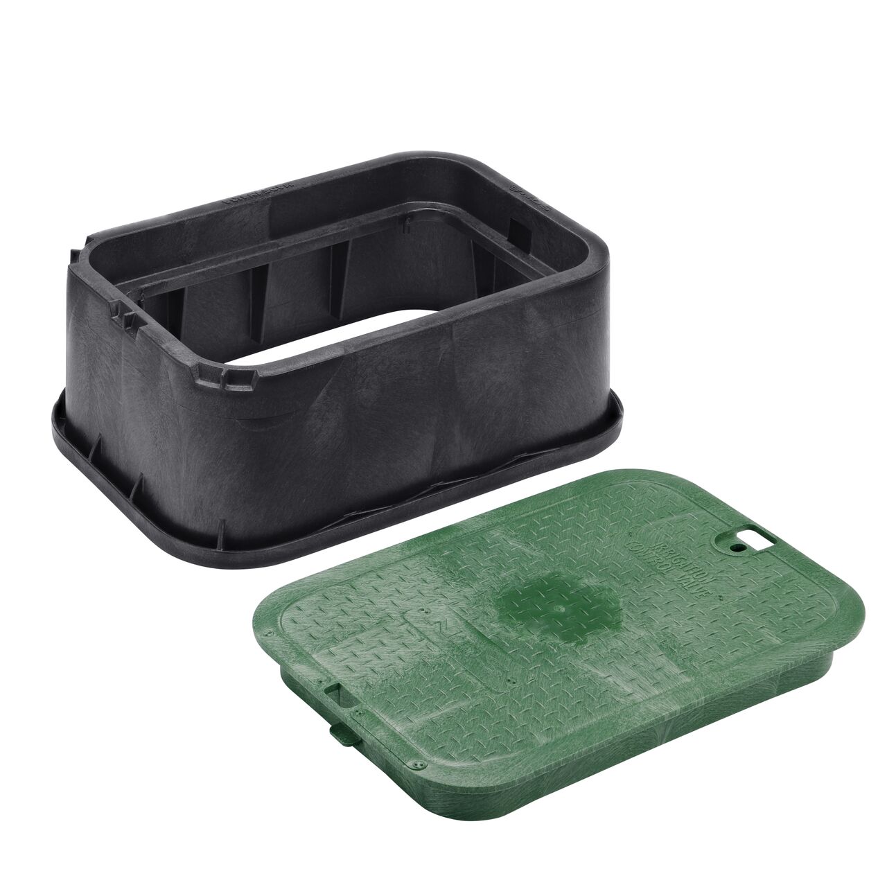 Unassembled View of the NDS 14 X 19 in. Black Rectangular Standard Series valve box Extension and Green Irrigation Control Valve overlapping cover (NDS 115)