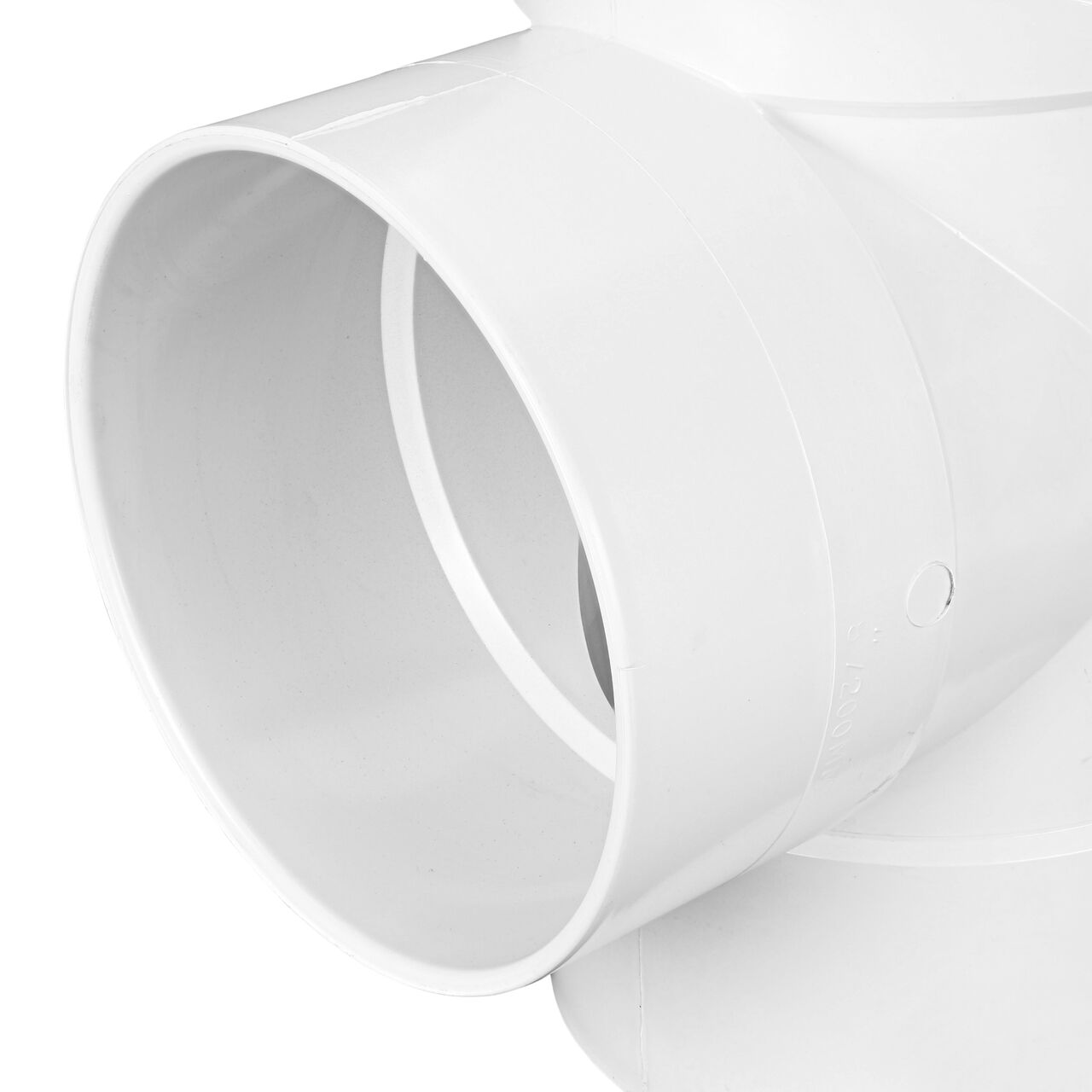 Closeup view of the middle 8 in. end hub connection point on the NDS S&D Tee, connects 8 in. Sewer and Drain pipes, Hub X Hub X Hub connection (NDS 8P01)