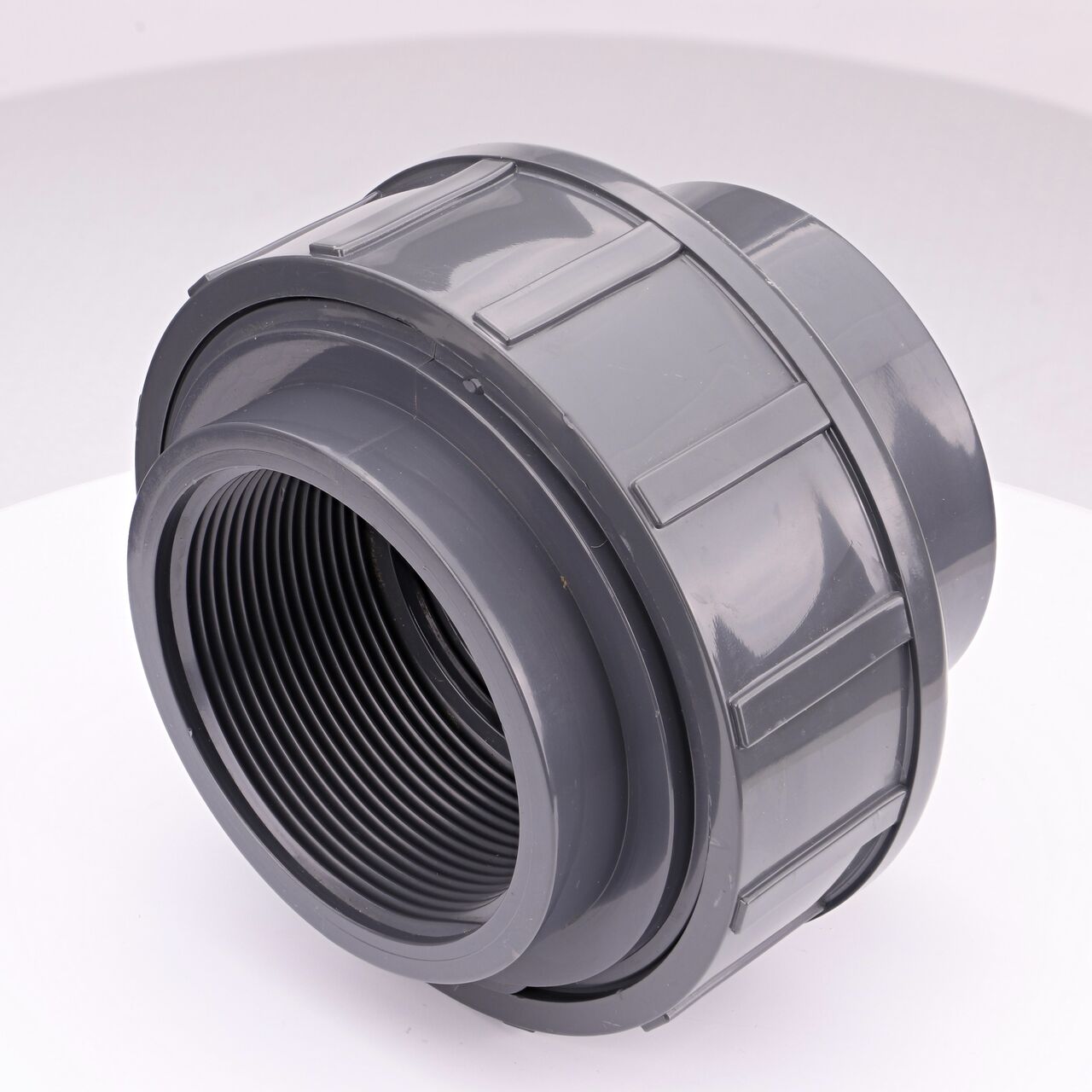 The NDS 3 in. PVC FPT Union connects two 3 in. schedule 80 pipes with MPT ends to create a leak-resistant connection without the need for traditional glued sealant (NDS U-3000-T)