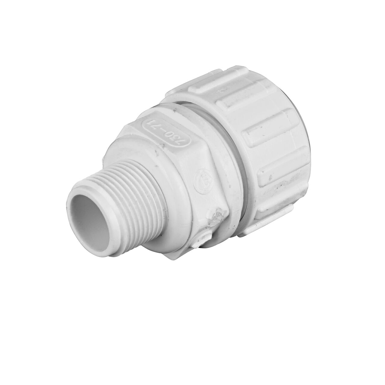 Threaded MPT connection end on the NDS 3/4 in. x 1 in. Flo Lock Gripper Adapter (NDS 730-71)