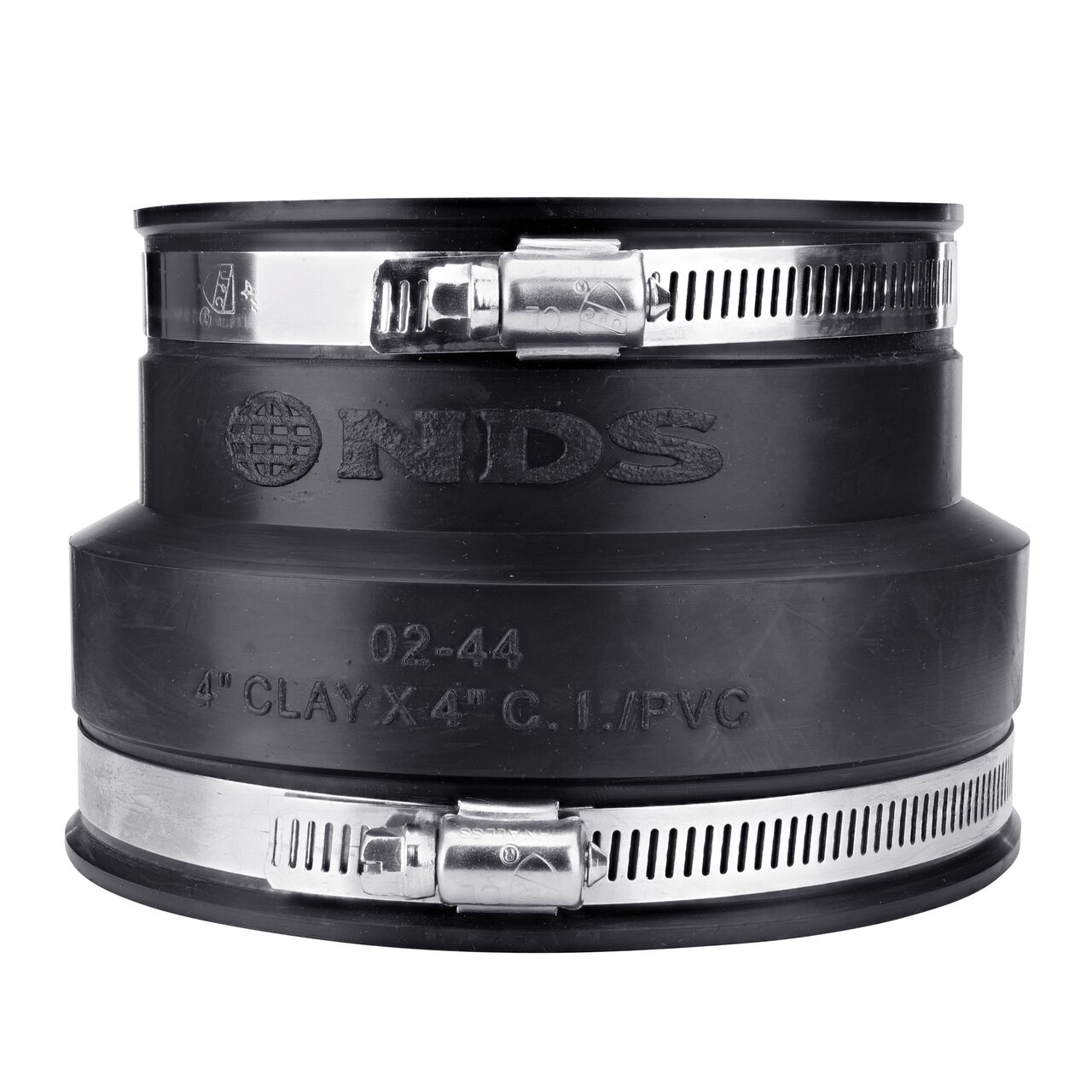 The NDS 4 in. flex coupling, in vertical position, connects clay pipe to cast iron/plastic pipe and provides leak-resistant seals with virtually any pipe (NDS 02-44)