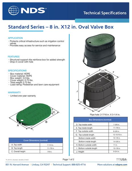 NDS 8 in. X 12 in. Oval Standard Series Black Valve Box and Green Control Drop-in Cover Tech Spec