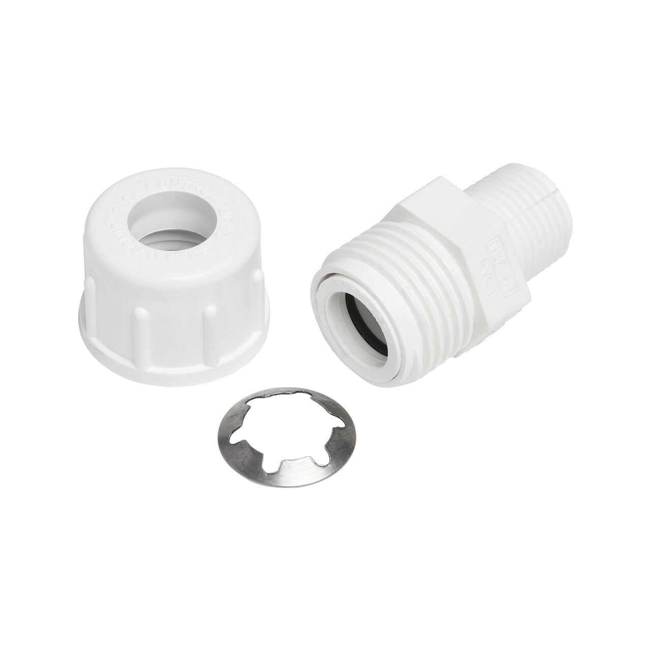 The NDS 1/2 in. CST MPT Flo-Lock™ with the cap unscrewed and the steel gripper unattached to show how it connects to pipe ends in plumbing, irrigation, and pool systems